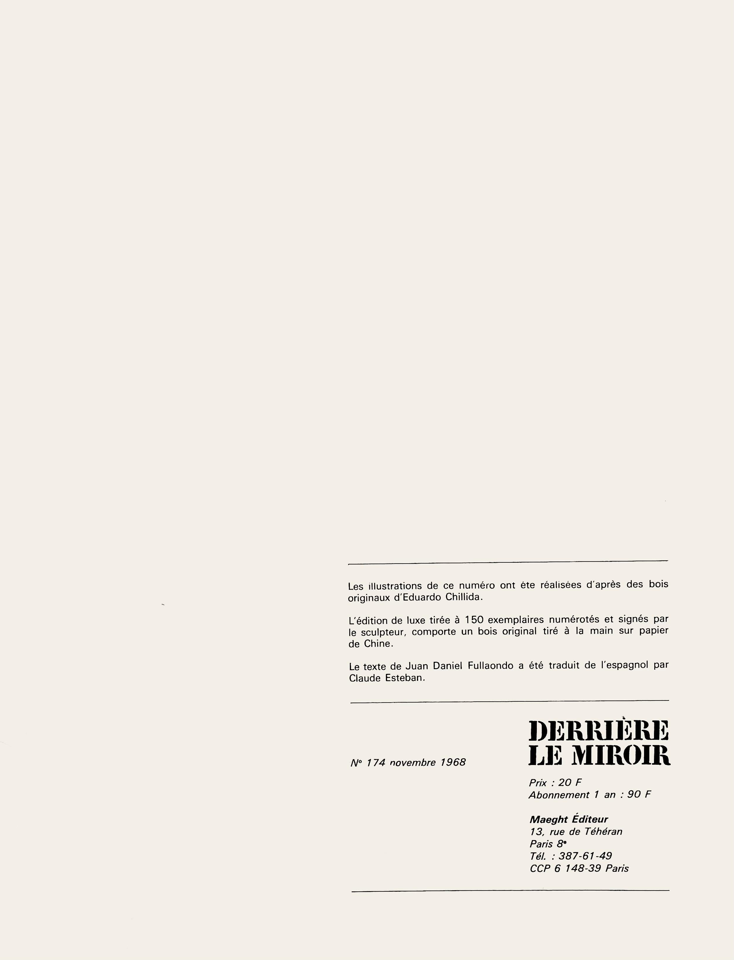 Woodcut on vélin paper. Inscription: Unsigned and unnumbered, as issued. Good condition. Notes: From Derrière le miroir, N° 174, 1968. Published by Aimé Maeght, Éditeur, Paris; printed by Éditions Pierre à Feu, Galerie Maeght, Paris. Excerpted from
