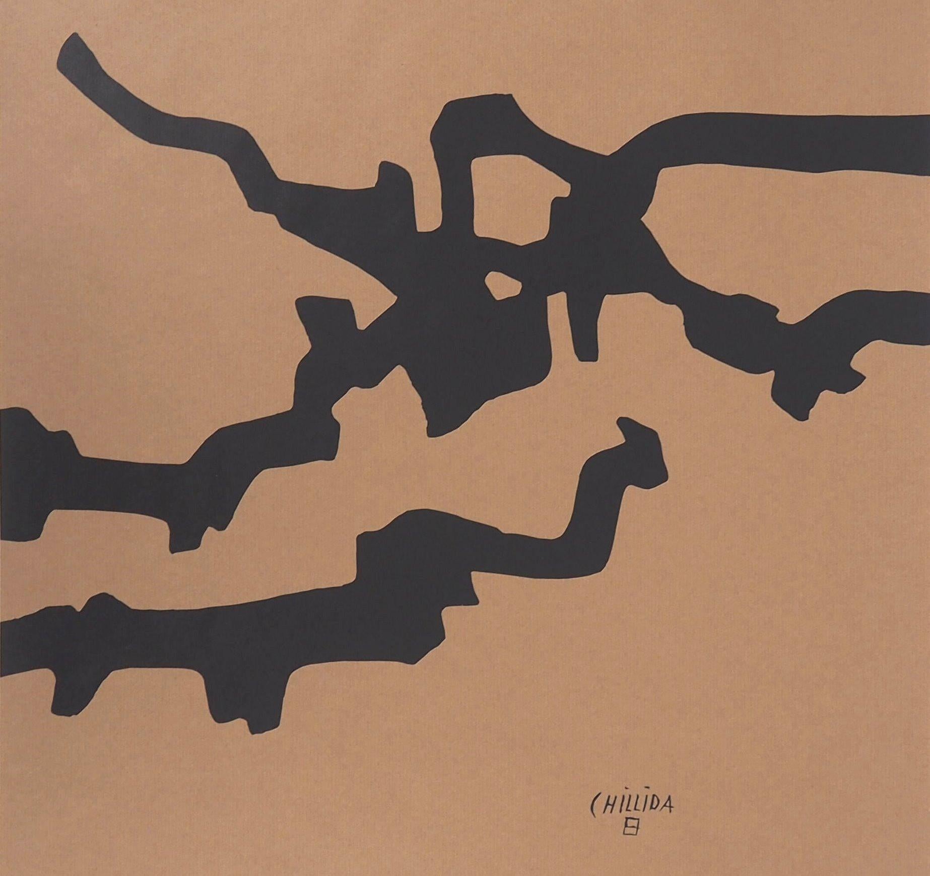 Composition in Black - Lithograph - Brown Abstract Print by Eduardo Chillida