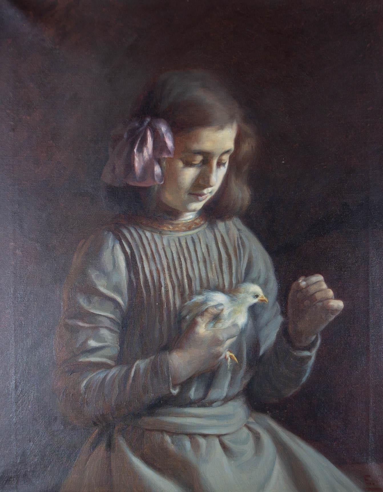 Eduardo Flo Guitart (1881-1958) - Belle et grande huile de 1911, Girl with Chick en vente 1