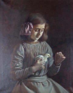 Eduardo Flo Guitart (1881-1958) - Fine, Large 1911 Oil, Girl with Chick