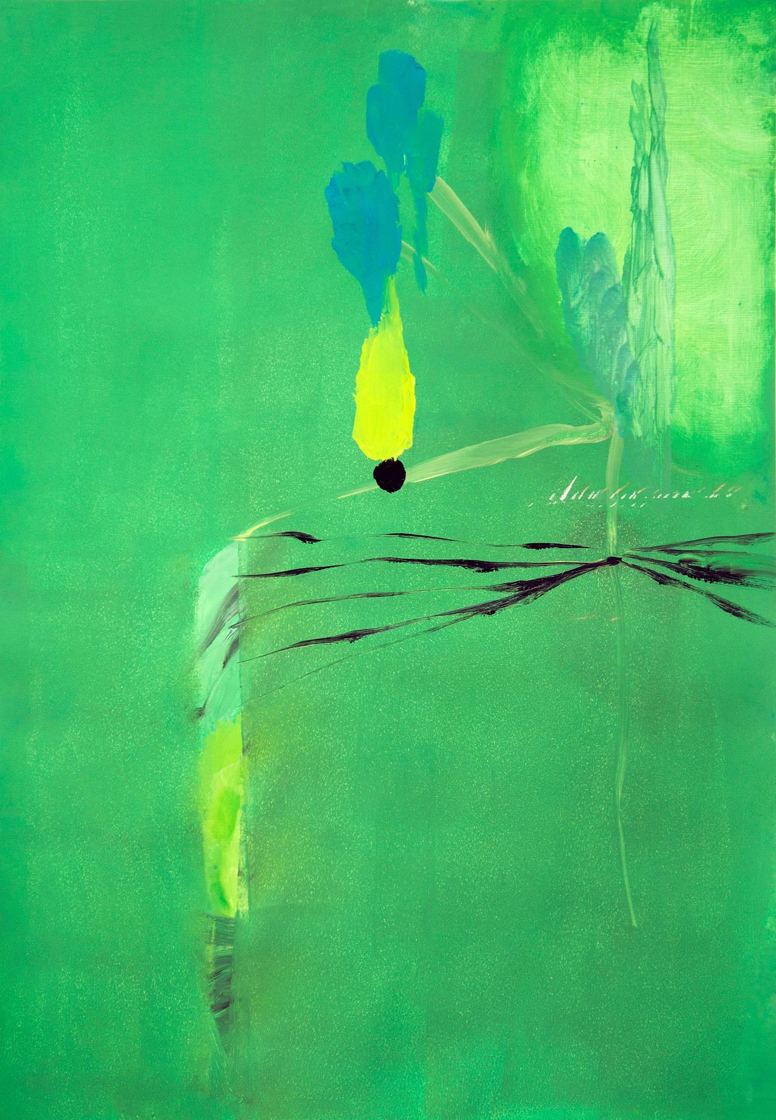 Dies ist ein abstraktes Öl auf Papier. Der Hintergrund ist in einem sanften Grün gehalten, das von Formen in leuchtendem Gelb, Hellblau und schwarzen Linien unterbrochen wird, die sich über die rechte Seite des Bildes erstrecken.  

Eduardo Infante