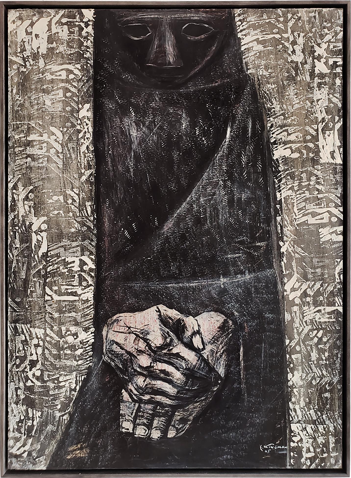 Senza titolo - Figura misteriosa con pancho nero e mani espressive - Painting di Eduardo Kingman