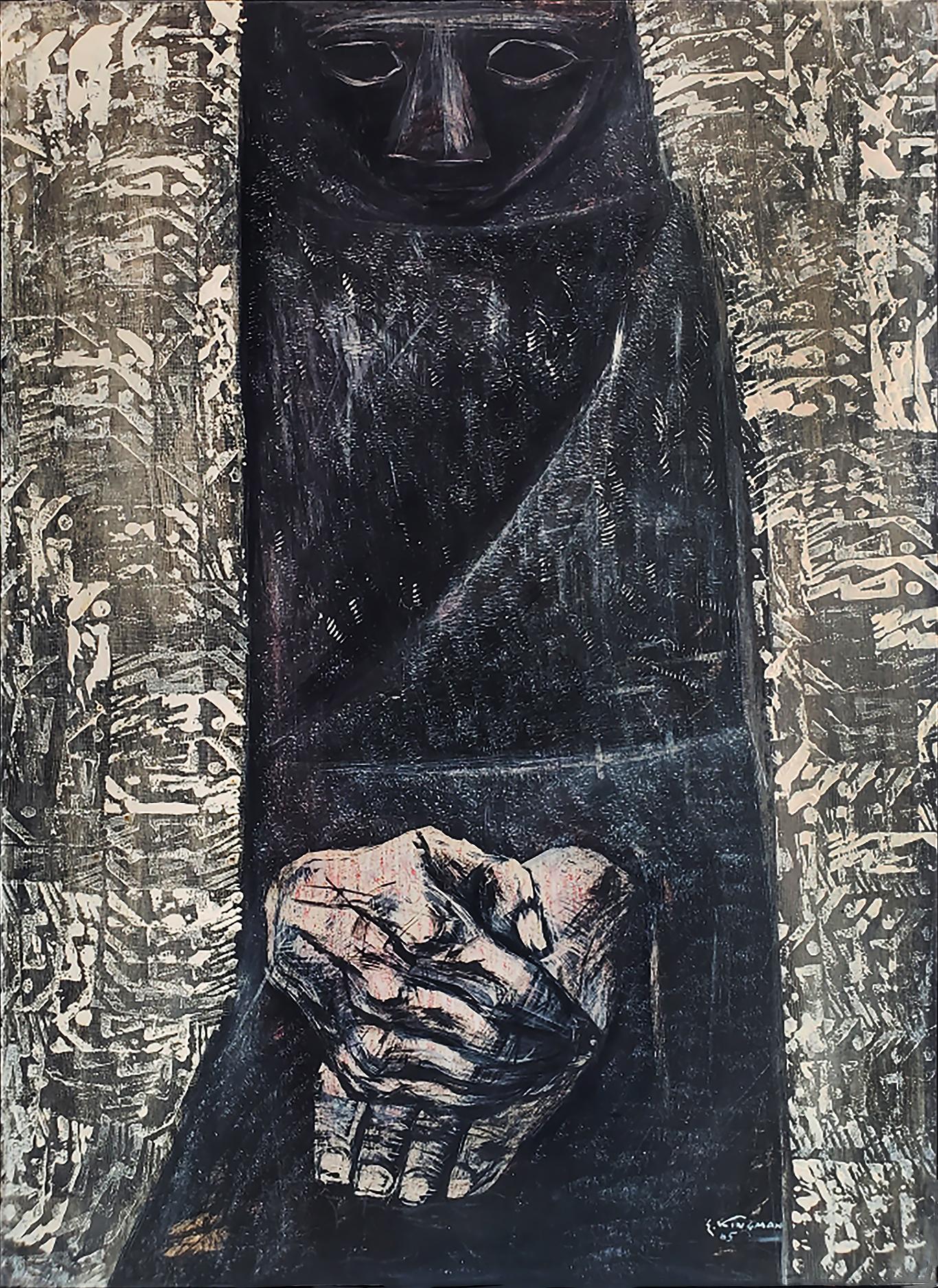 Eduardo Kingman Figurative Painting – Untitled - Mysteriöse Figur in schwarzem Pancho und ausdrucksstarken Händen