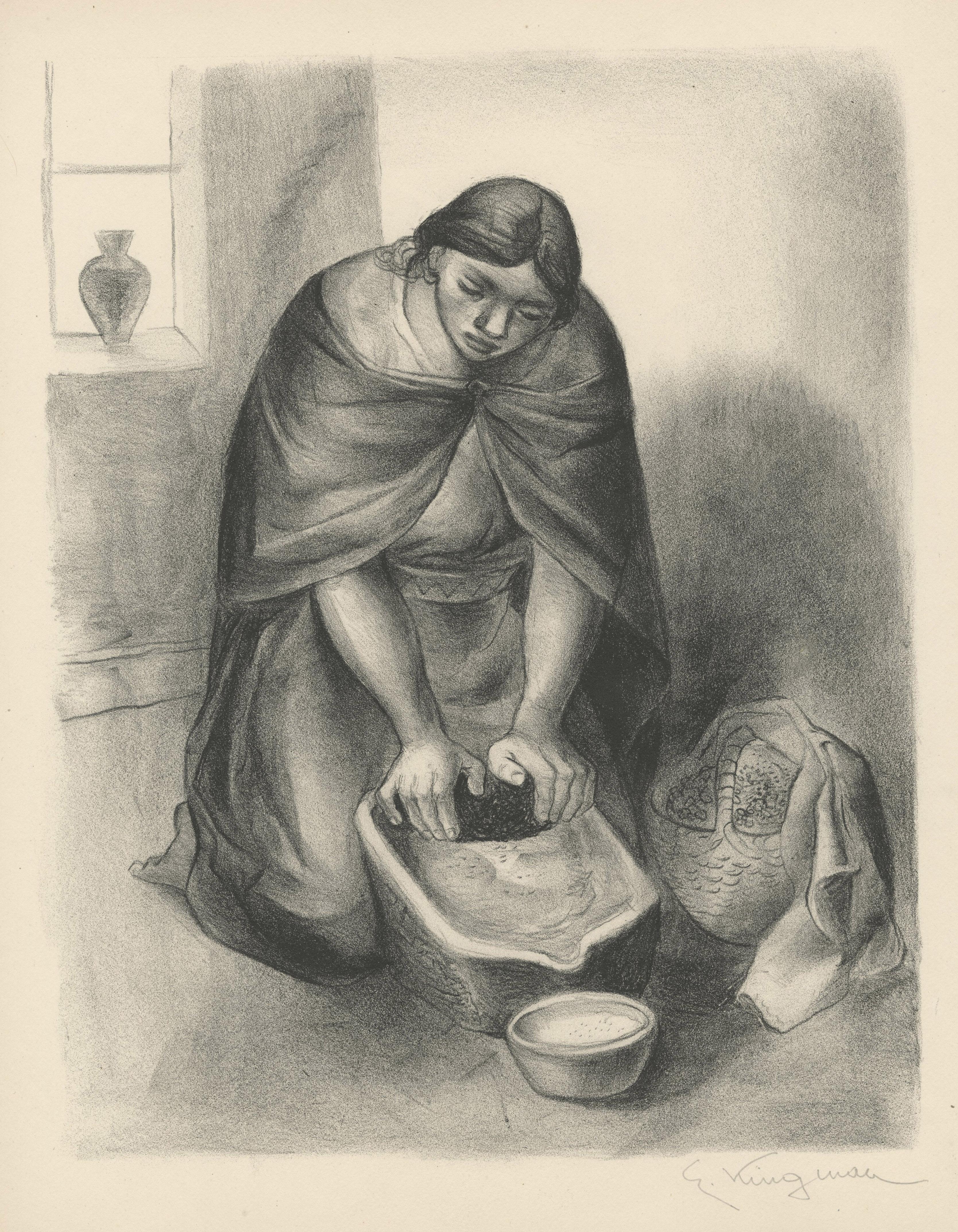 Eduardo Kingman Figurative Print - Woman Grinding Corn
