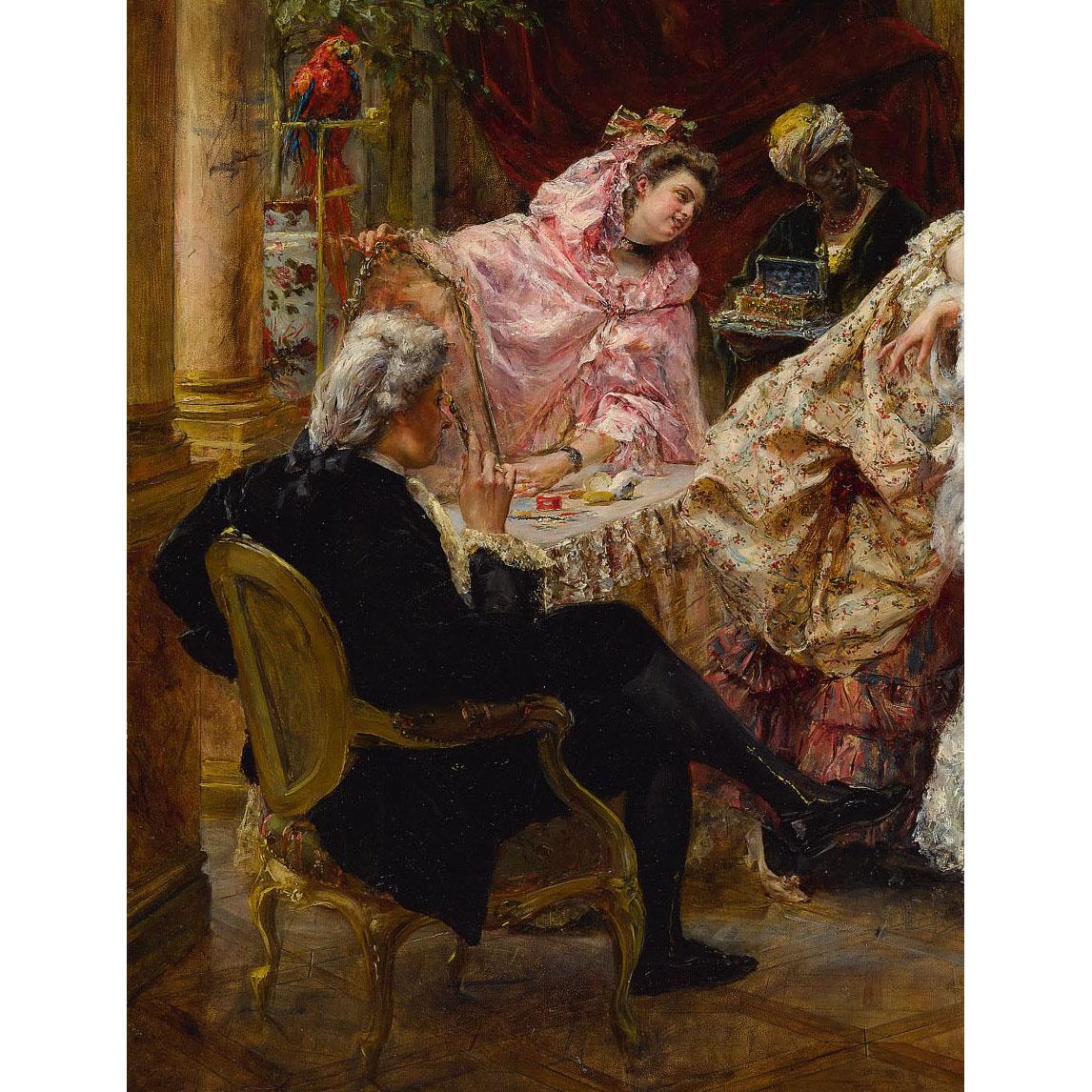 Olio su pannello del XIX-XX secolo Un interno del XVIII secolo 