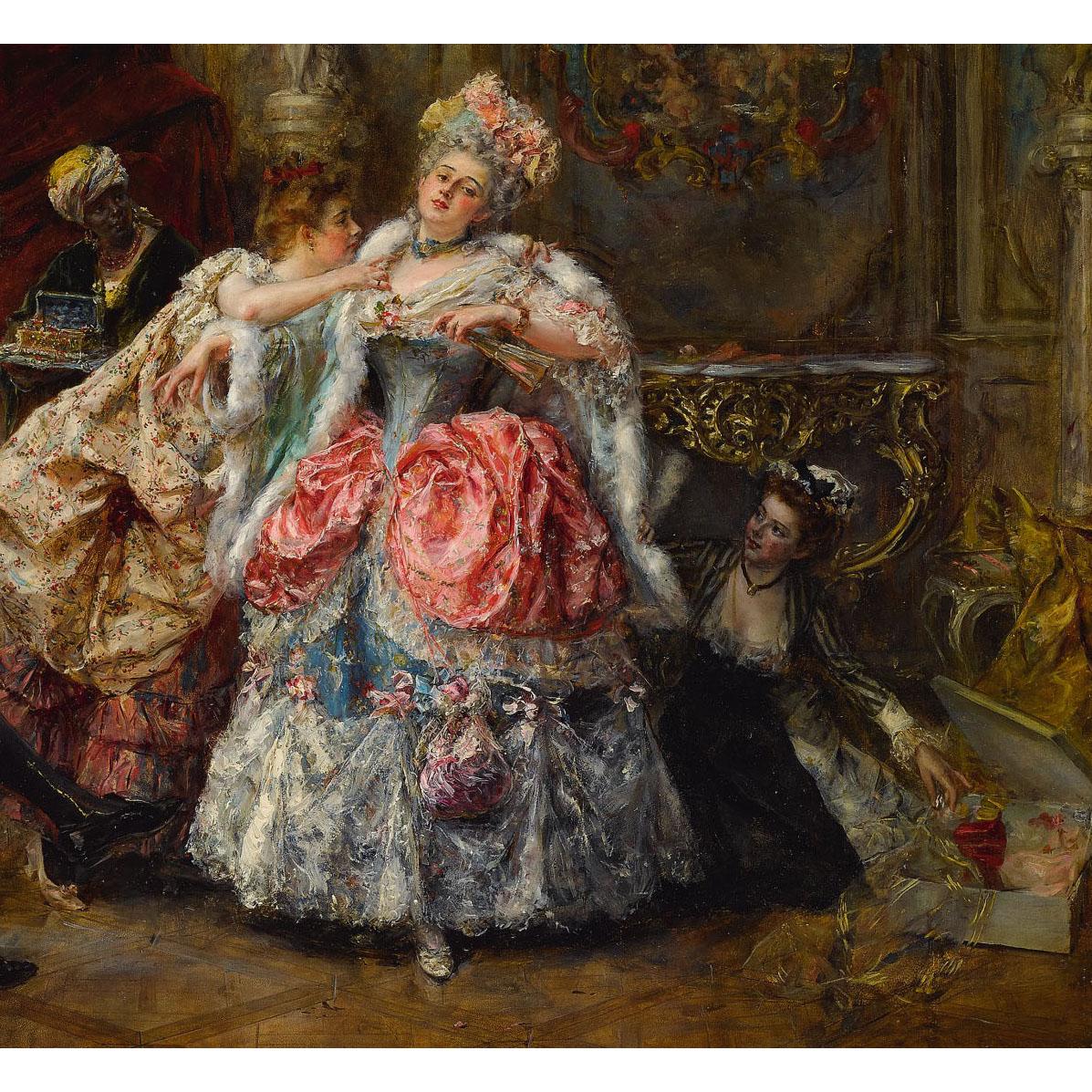 Olio su pannello del XIX-XX secolo Un interno del XVIII secolo 