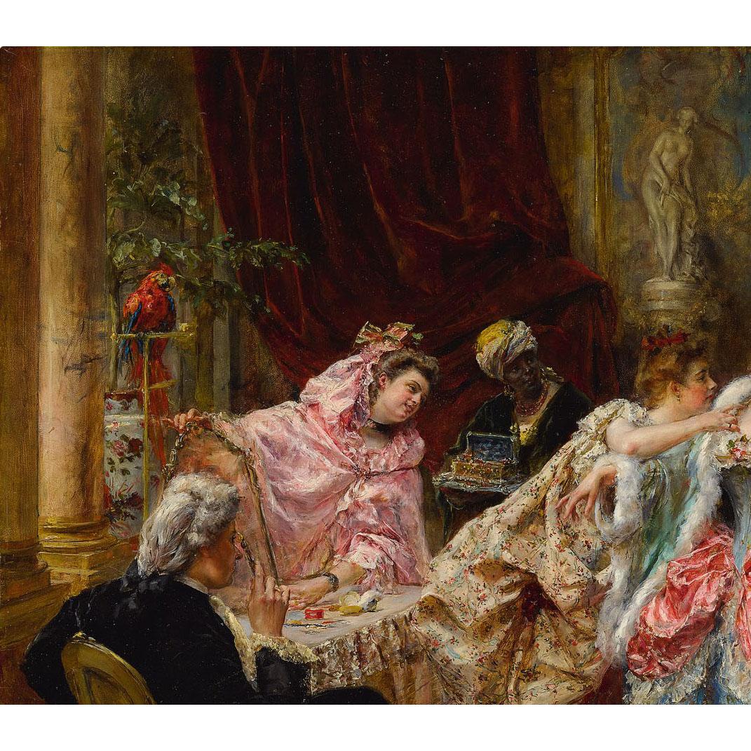 Olio su pannello del XIX-XX secolo Un interno del XVIII secolo 