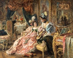 „Ein überraschender Besuch“  19. Jahrhundert Antike Europäische  Ölgemälde auf Leinwand