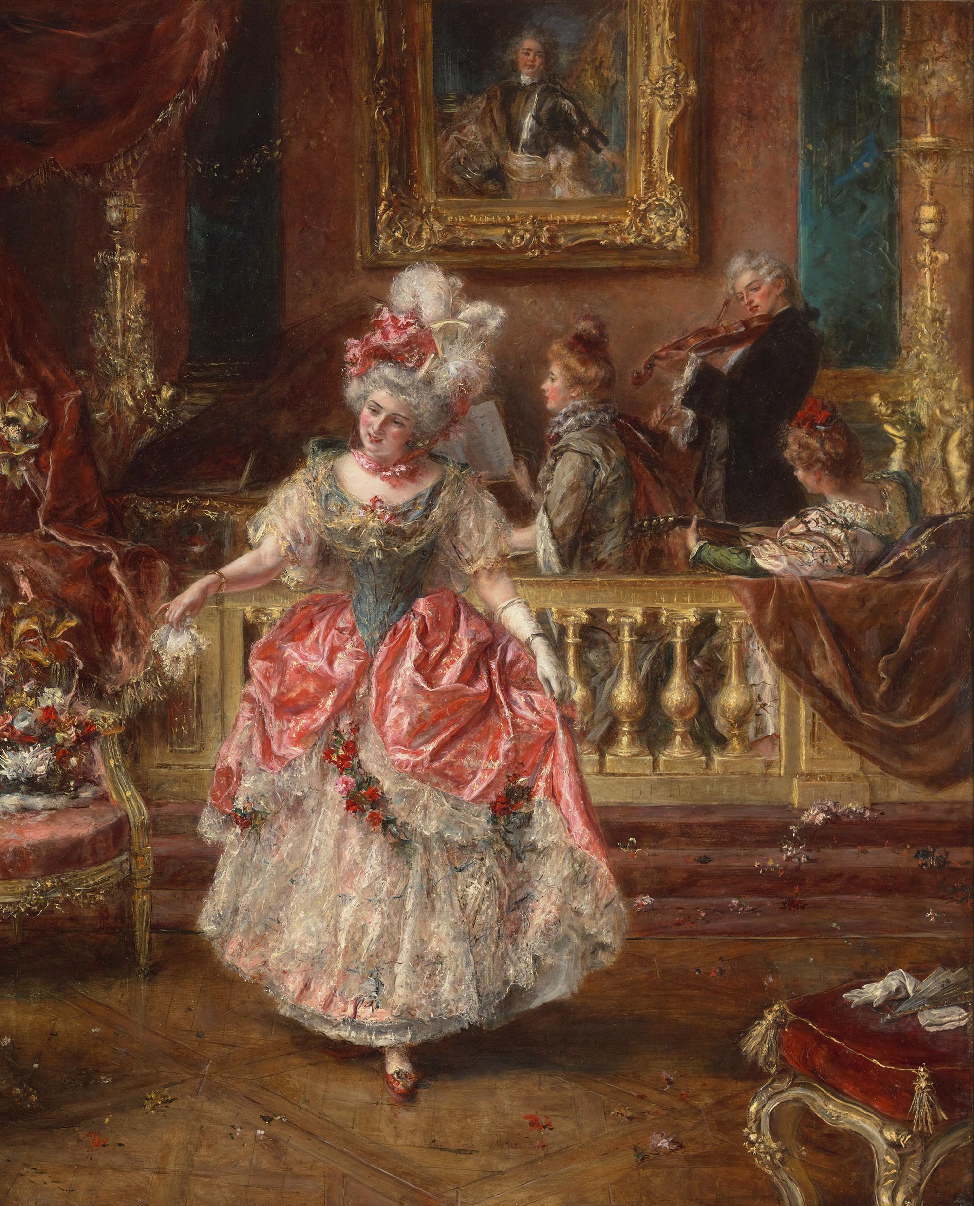 Eduardo Léon Garrido
1856-1949  Spanish

At the Ball

Signed “E.L. Garrido” (lower left)
Oil on panel

This pastel-hued composition was painted by famed Spanish painter Eduardo Léon Garrido. A musical trio adds levity to the atmosphere as an