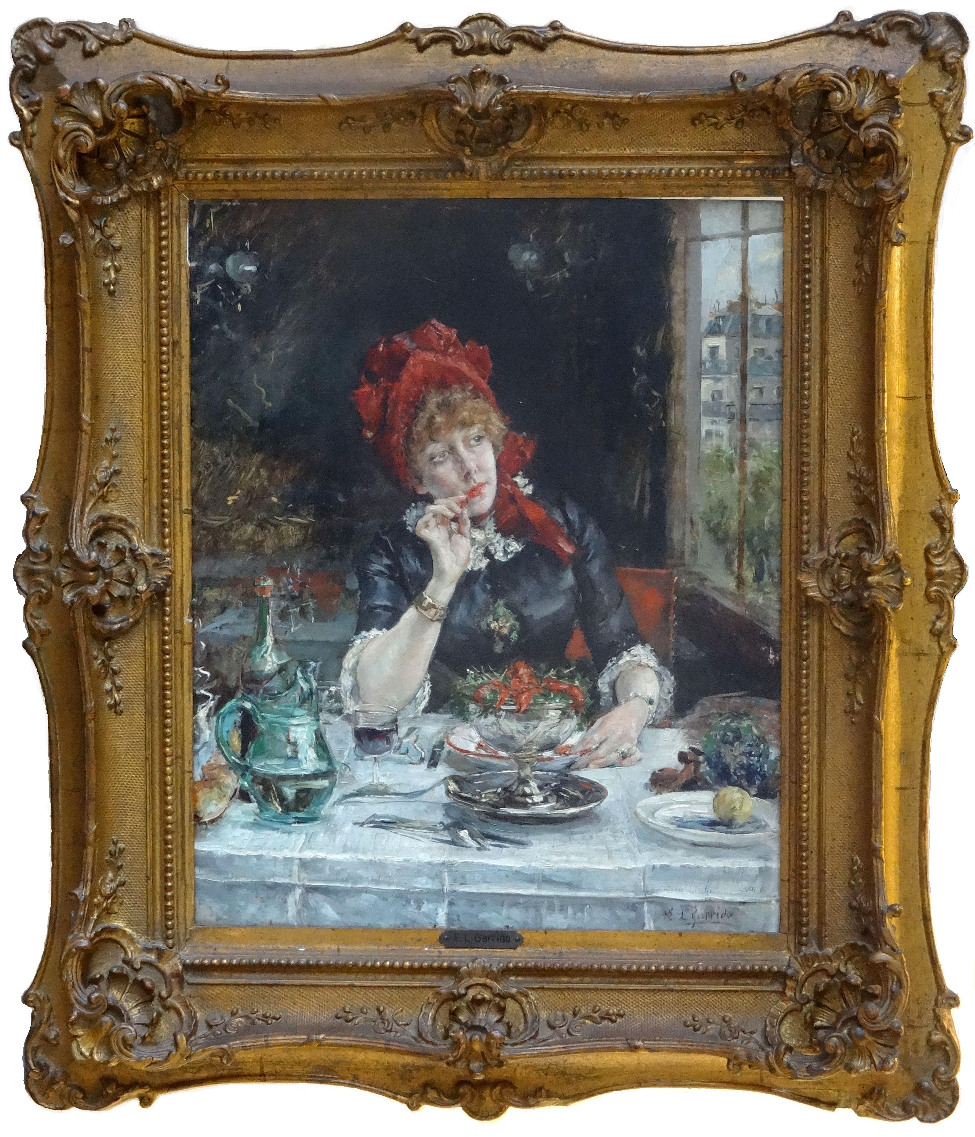 Girl in restaurant in Paris. 19th century, oil on wood, 46x37, 5 cm - Painting by Eduardo Leon Garrido