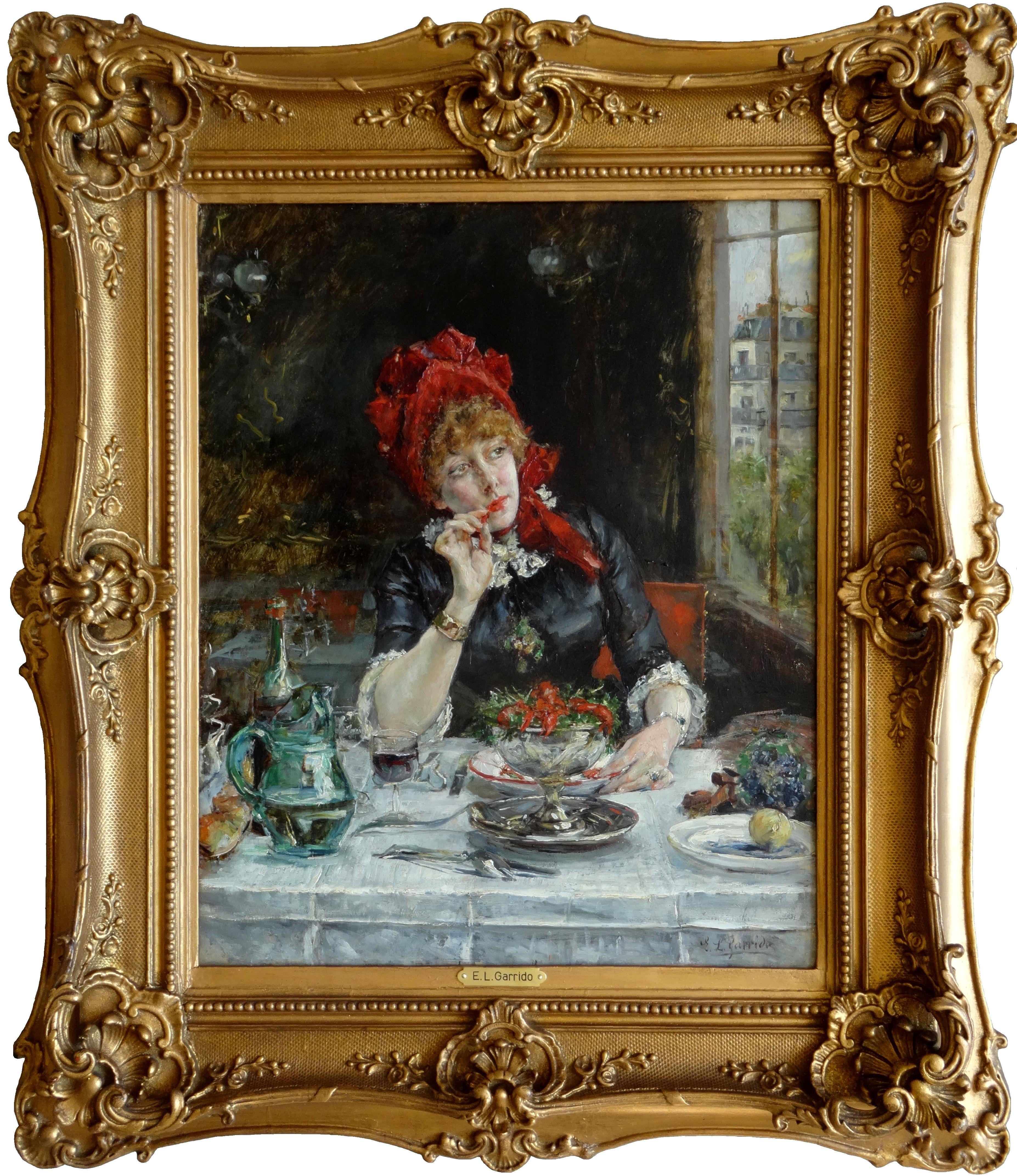 Girl in restaurant in Paris. 19th century, oil on wood, 46x37, 5 cm For Sale 1