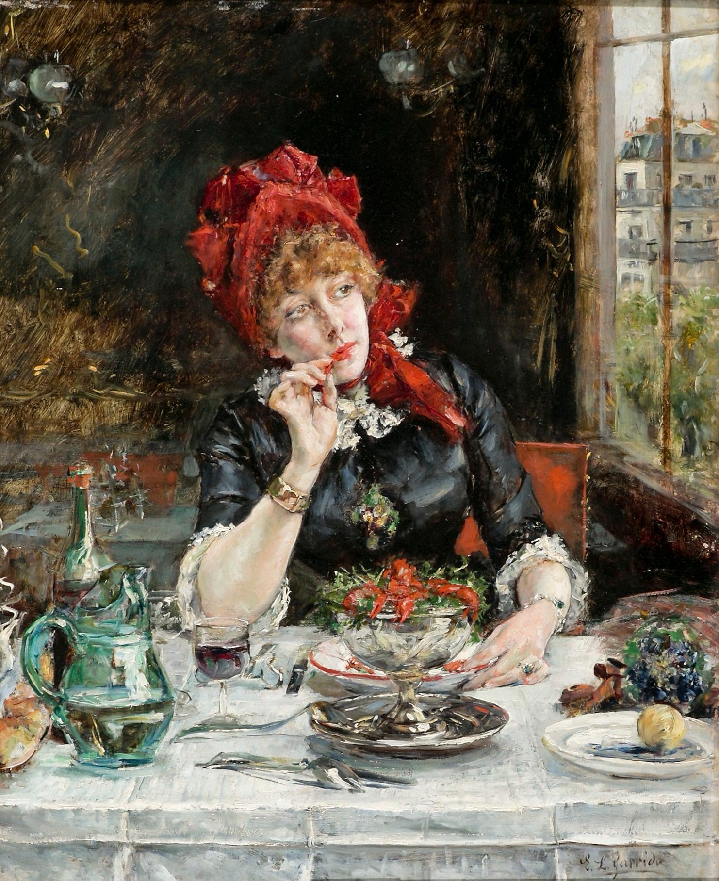 Eduardo Leon Garrido Portrait Painting - Girl in restaurant in Paris. 19th century, oil on wood, 46x37, 5 cm