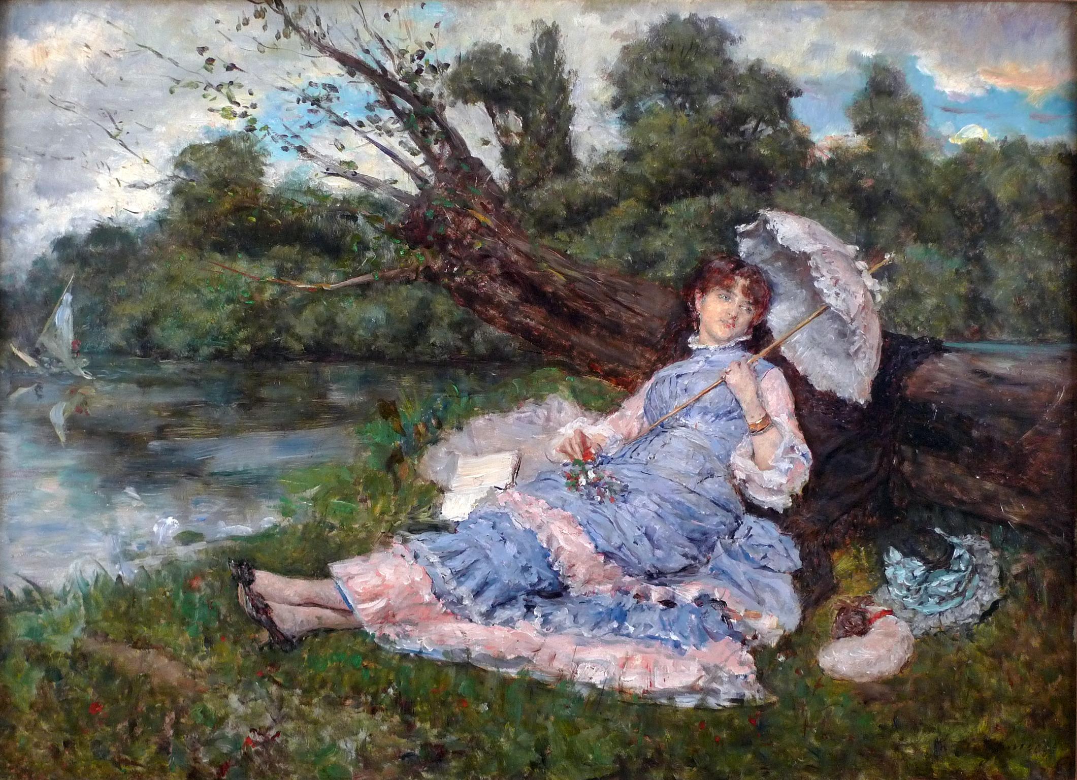Eduardo Leon Garrido Landscape Painting - "Resting by The River", An Elegant 20th Century Oil on Panel by E. León Garrido