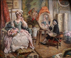 "Il pittore e la sua modella", olio del XIX secolo su pannello di legno di mogano di E. L. Garrido