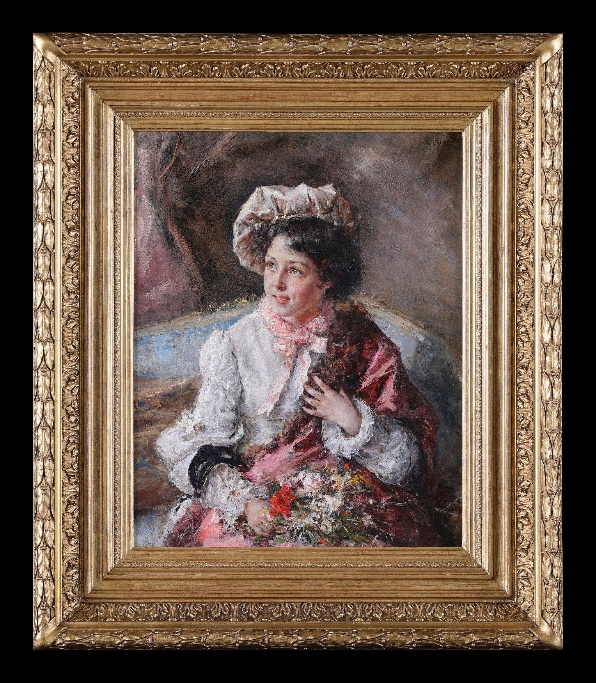 The Spanish Flower Girl. An antique oil painting on canvas - Painting by Eduardo Leon Garrido