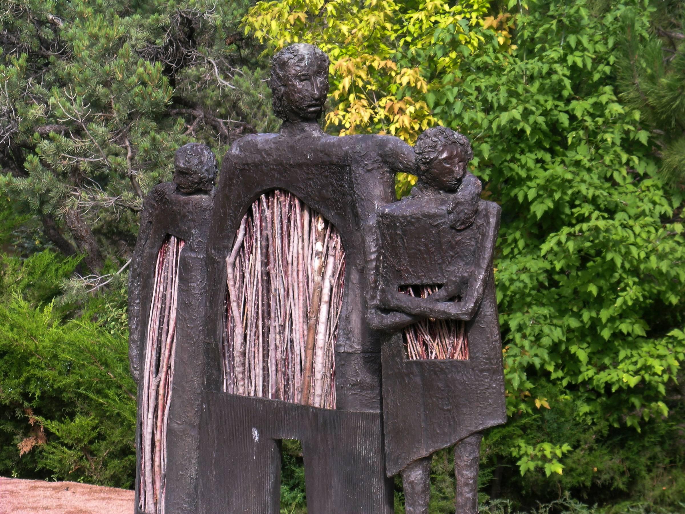 Jealousy, bronze twigs edition sculpture of man with two women, Eduardo Oropeza 1