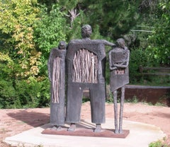 Jealousy, bronze twigs edition sculpture of man with two women, Eduardo Oropeza