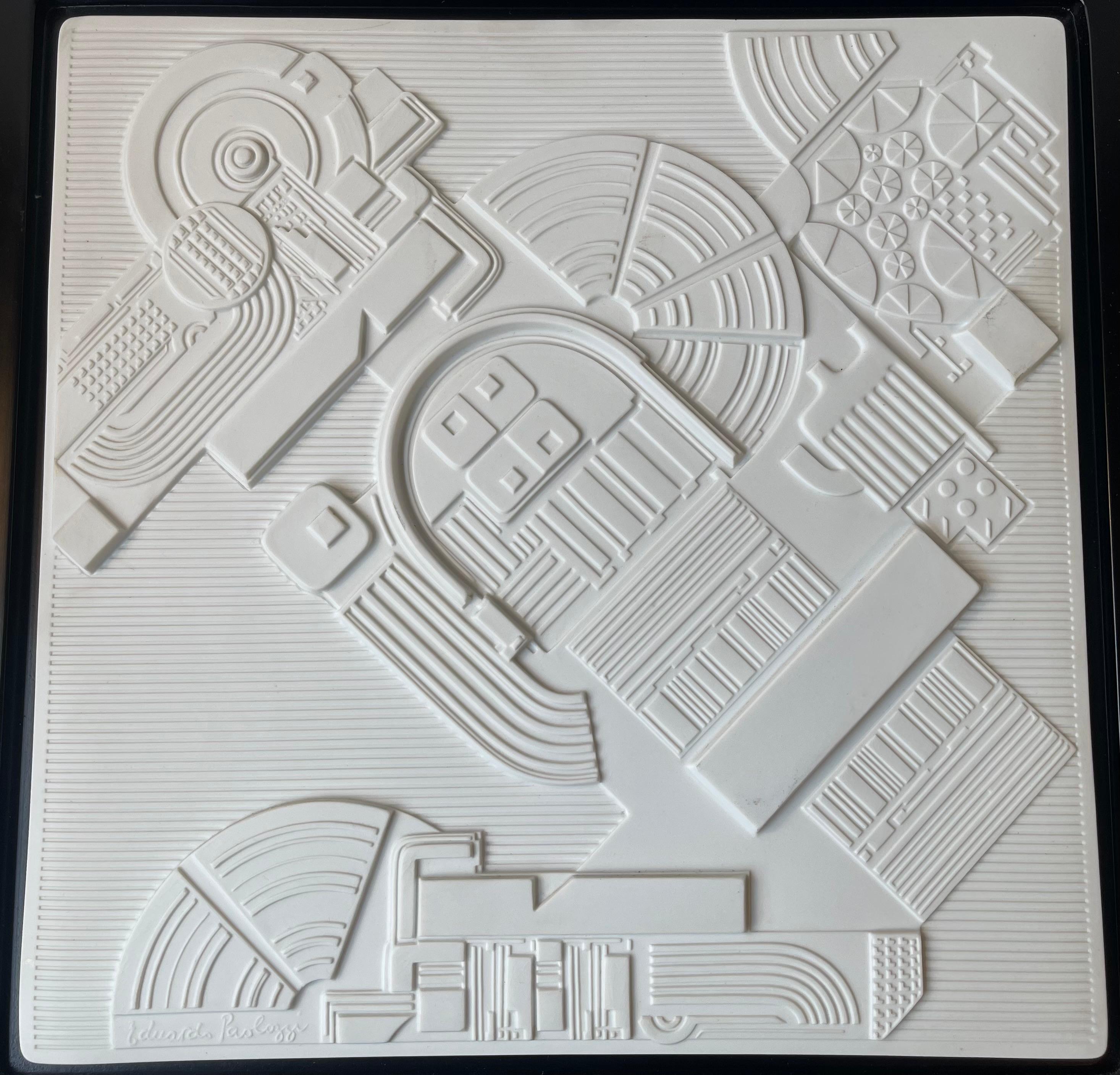 Wall hung bisque porcelain artist year plate, 1978 designed by Eduardo Paolozzi (1924-2005) for Rosenthal, Germany. Number 524 from a limited series of 3000. The 'Motif' in his distinct style; Surrealism combined with architectural components