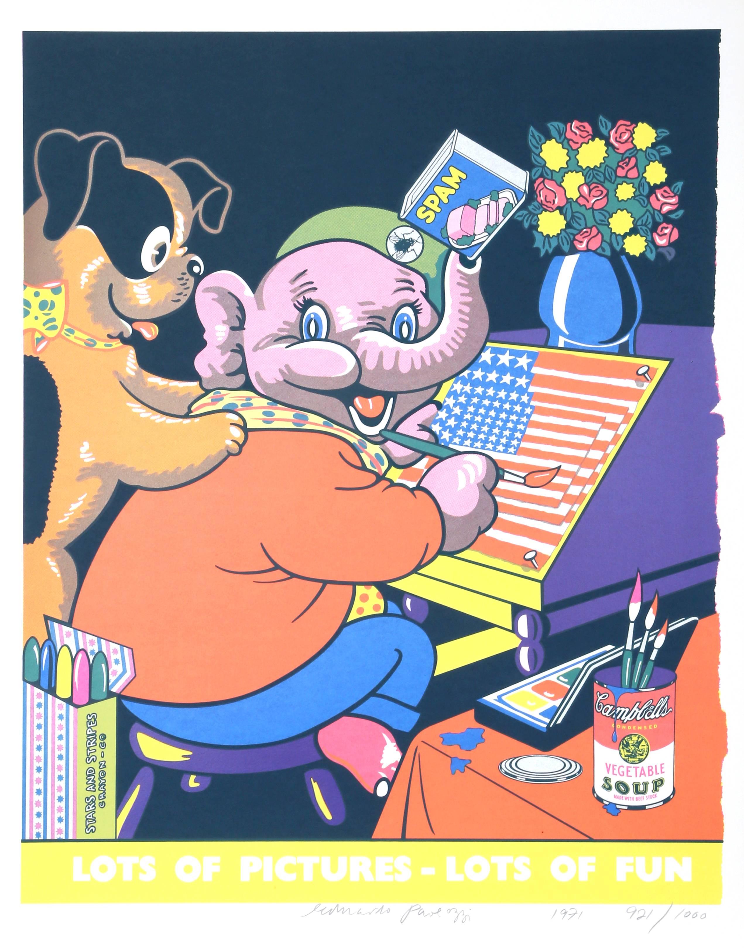 Artist: Eduardo Paolozzi, British (1924 - 2005)
Title:	Lots of Pictures, Lots of Fun
Year:	1971
Medium:	Screenprint, signed and numbered in pencil
Edition: 1000
Image: 25.5 x 20.5 inches
Paper Size:	30 x 22 inches (76.2 x 55.88 cm)