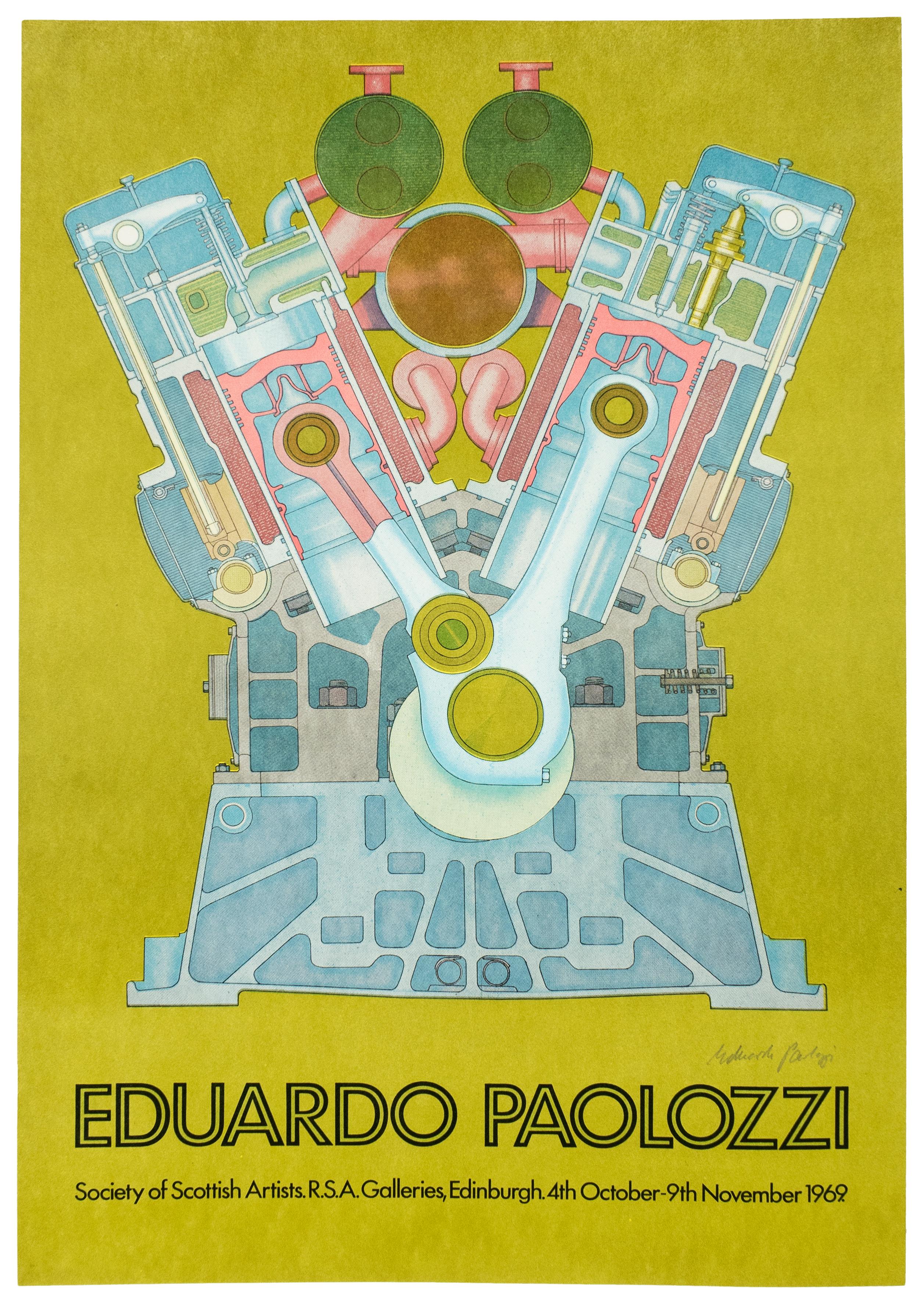 Ein lebhaftes Vintage-Poster in Blau, Rosa, Braun und klassischem Avocadogrün aus den 1960er Jahren vom schottischen Pop-Art-Vordenker Eduardo Paolozzi. Die Maschine ragt in zwei Armen in die Höhe wie ein Automotor aus der Raumfahrt. Verwischte