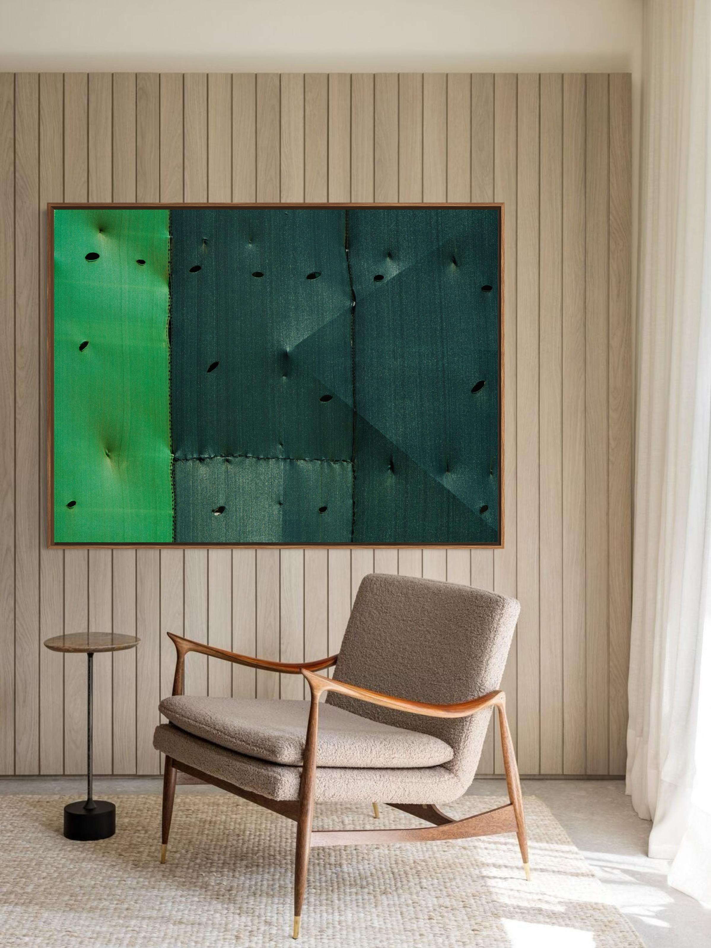 Part of Eduardo Rezende’s Lavori in Corso series, this unique work explores the silent poetry of construction sites through a refined visual language. Layers of green-toned materials, marked by punctures and seams, form an abstract geometry that