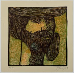 CHOCO (Eduardo Roca Salazar) "Cañero" 1989 linograbado firmado 9,4x9,4 pulg.