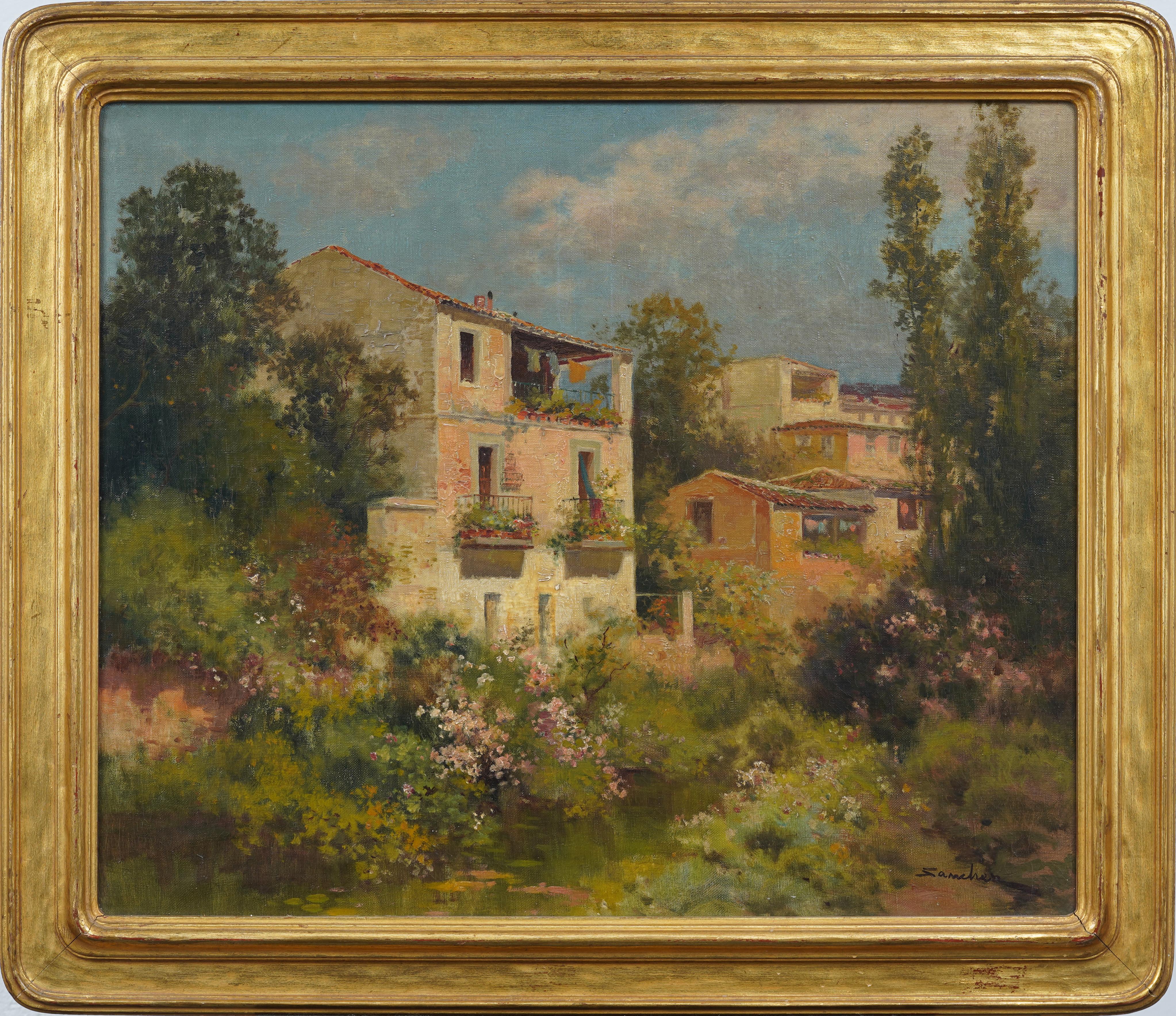 Antique Spanish Impressionist Signed And Framed Landscape Oil Painting - Brown Landscape Painting by Eduardo Sanchez Sola 