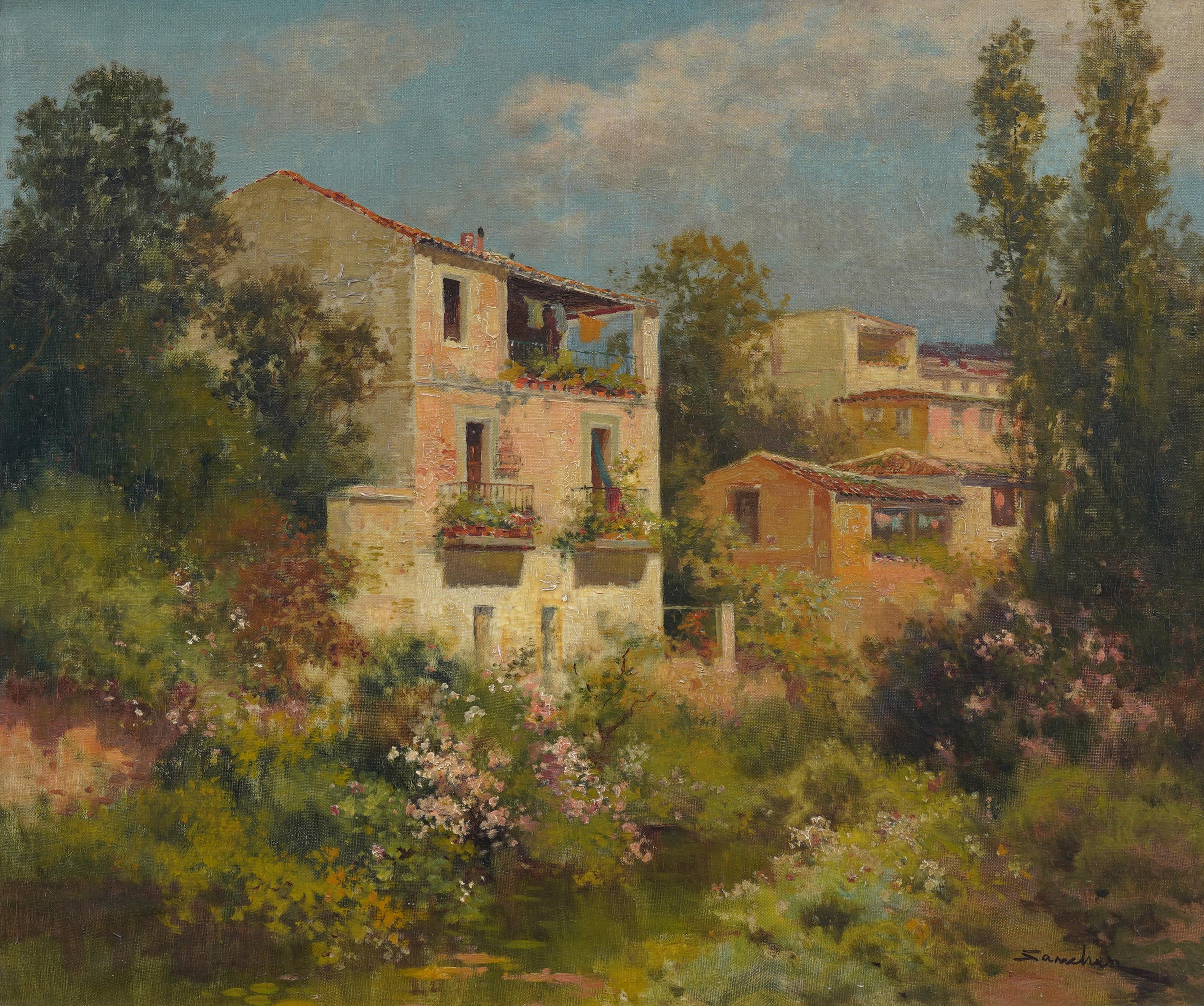 Antique Spanish Impressionist Signed And Framed Landscape Oil Painting For Sale 1