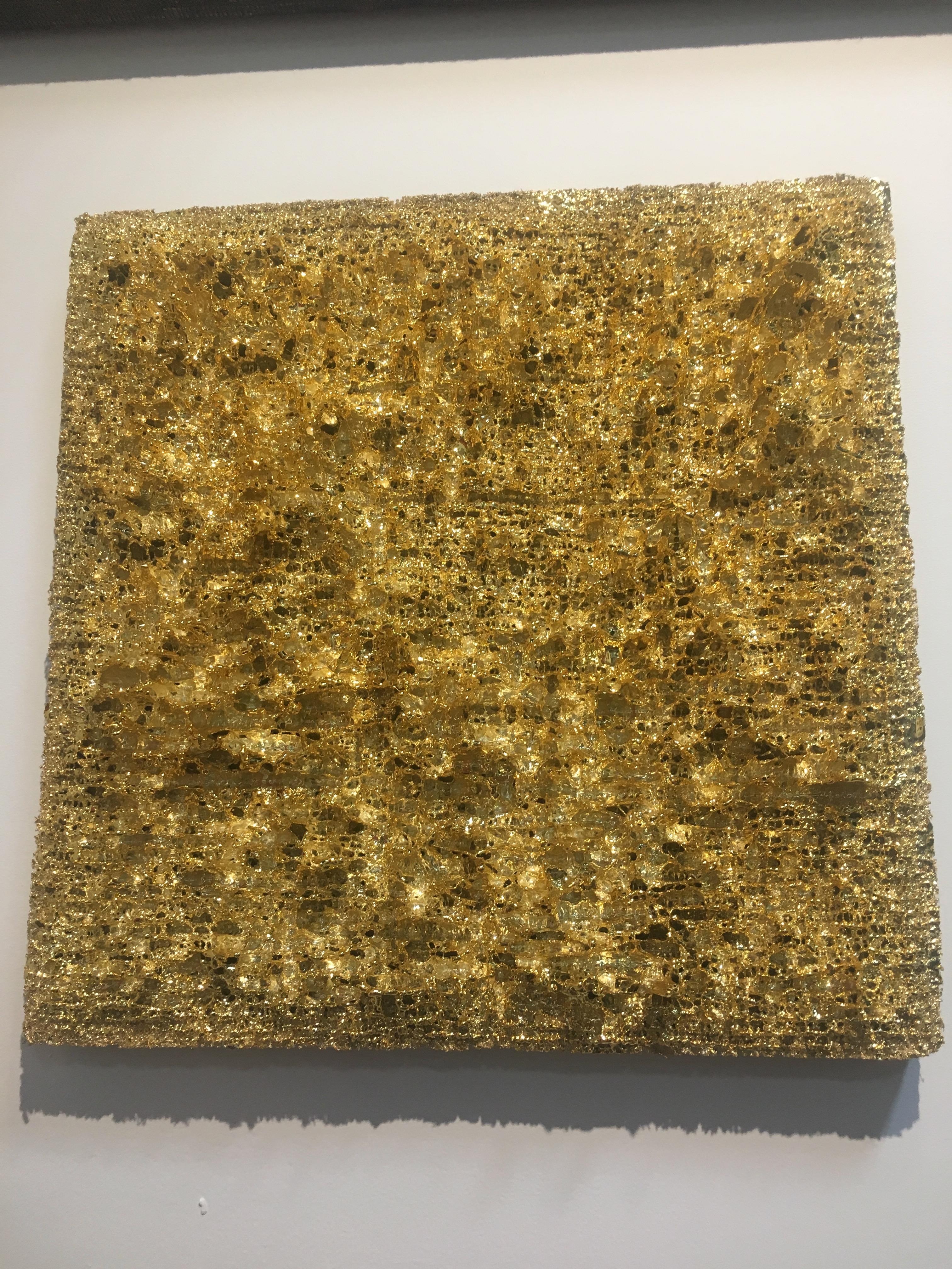 Abstract art, contemporary minimalist, real gold, 24k gold. 
Gold Plating on Burlap, canvas stitching, signed on the back. 
Eduardo Terranova, Colombian artist. 
Artist's studio practice investigates the reflection of metals as optical phenomena and