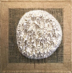 "Gibbous Moon Phase 1" - exposed burlap with gold, 3D artwork