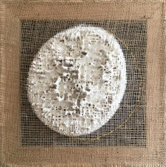 "Gibbous Moon Phase 2" - exposed burlap with gold, 3D artwork