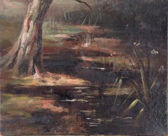 Moody Late 19th Century Landscape with Trees and Marsh - Original Oil Painting