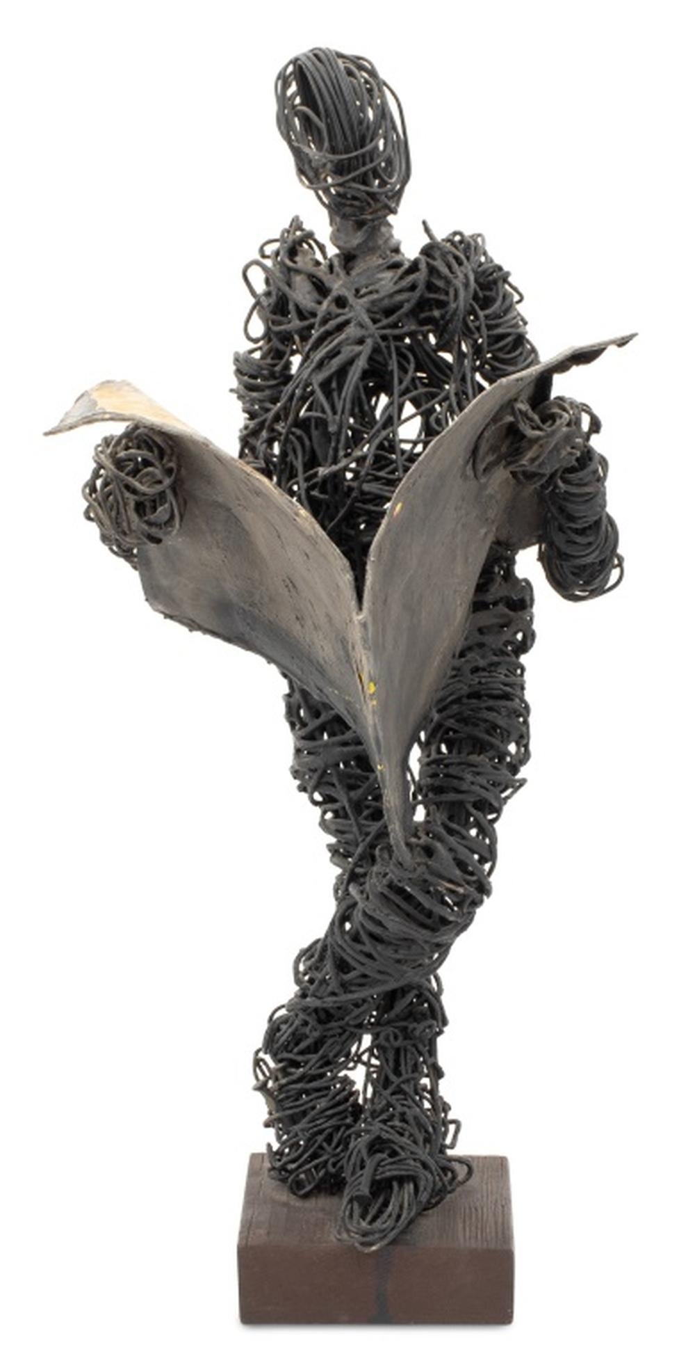 Eduardo Torres (American), Man Reading Newspaper, wire and sheet metal abstract figurative sculpture. Signed and dated 1968 to the inside of newspaper. Standing figure is on a wood base. Measuring 22.75