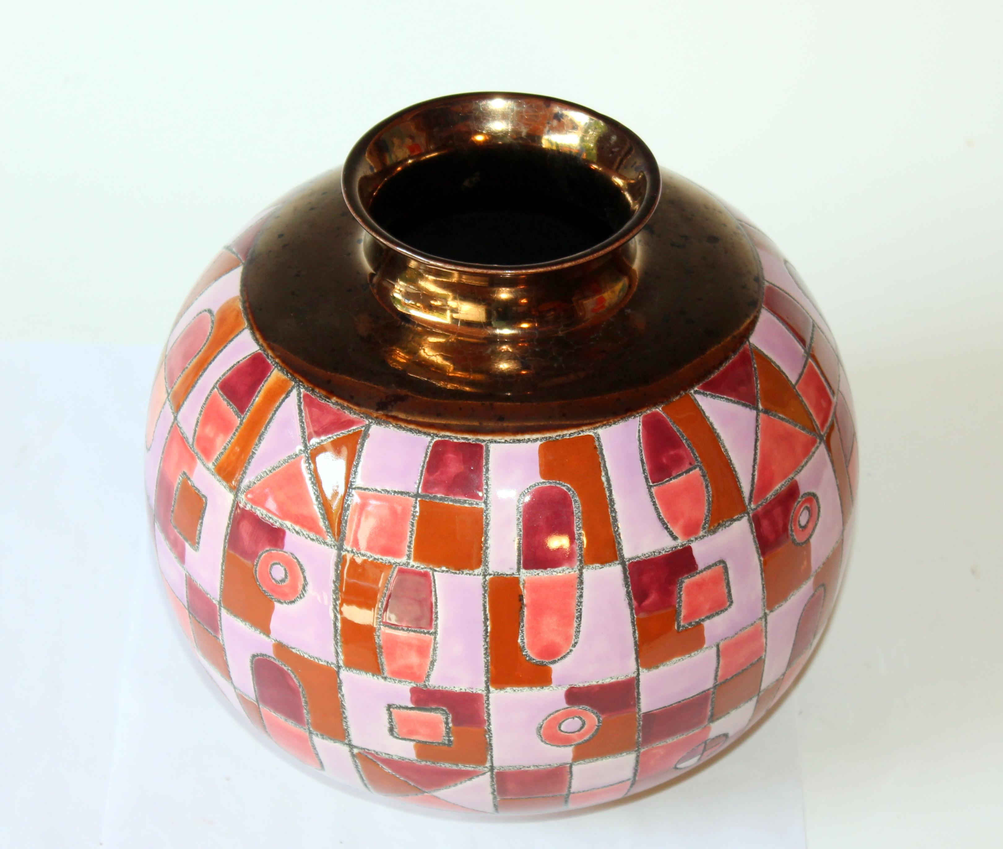 Eduardo Vega Ceramic Art Pottery Enameled Geometric Vase Raymor MCM Signed In Excellent Condition In Wilton, CT