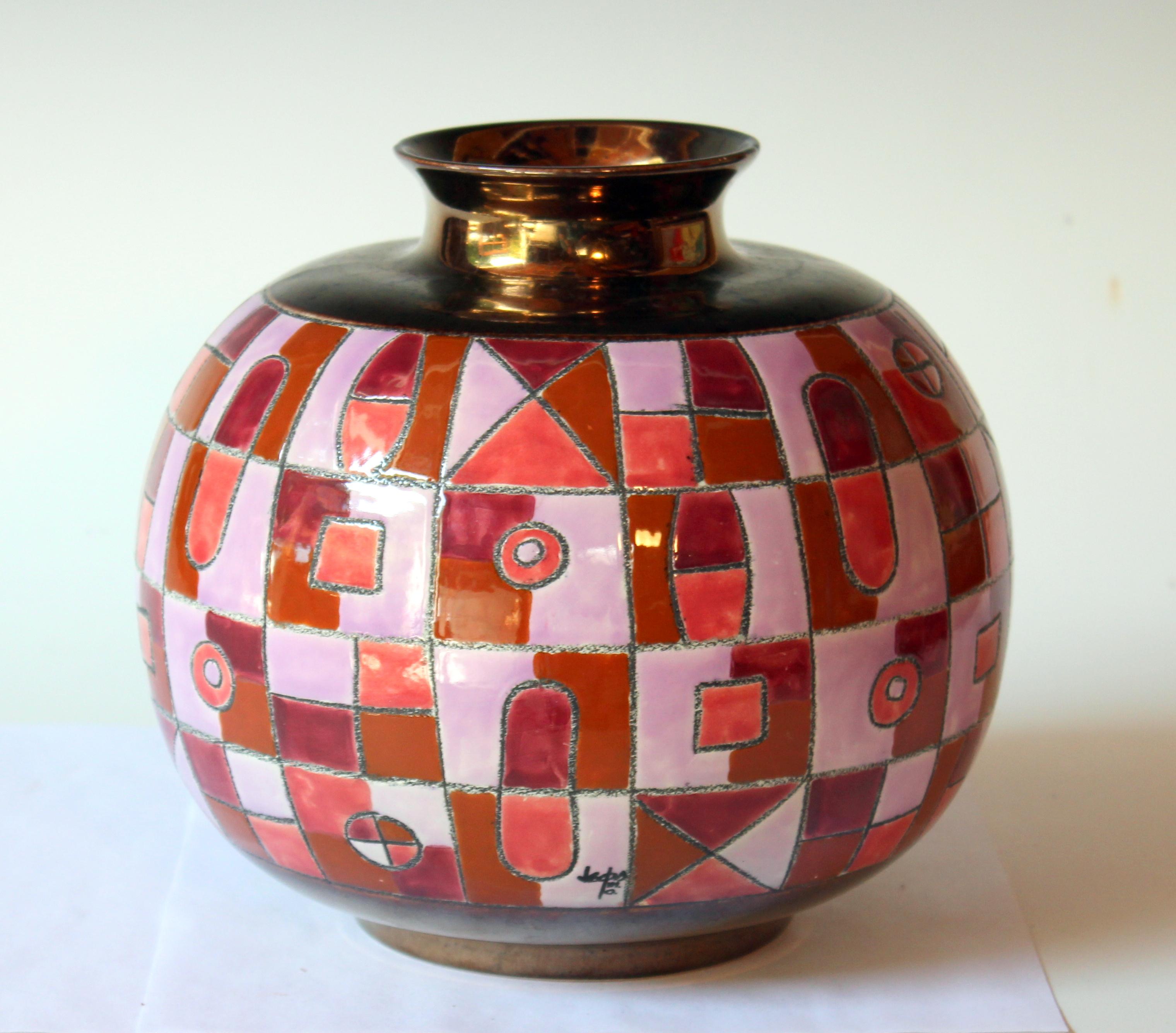 Late 20th Century Eduardo Vega Ceramic Art Pottery Enameled Geometric Vase Raymor MCM Signed