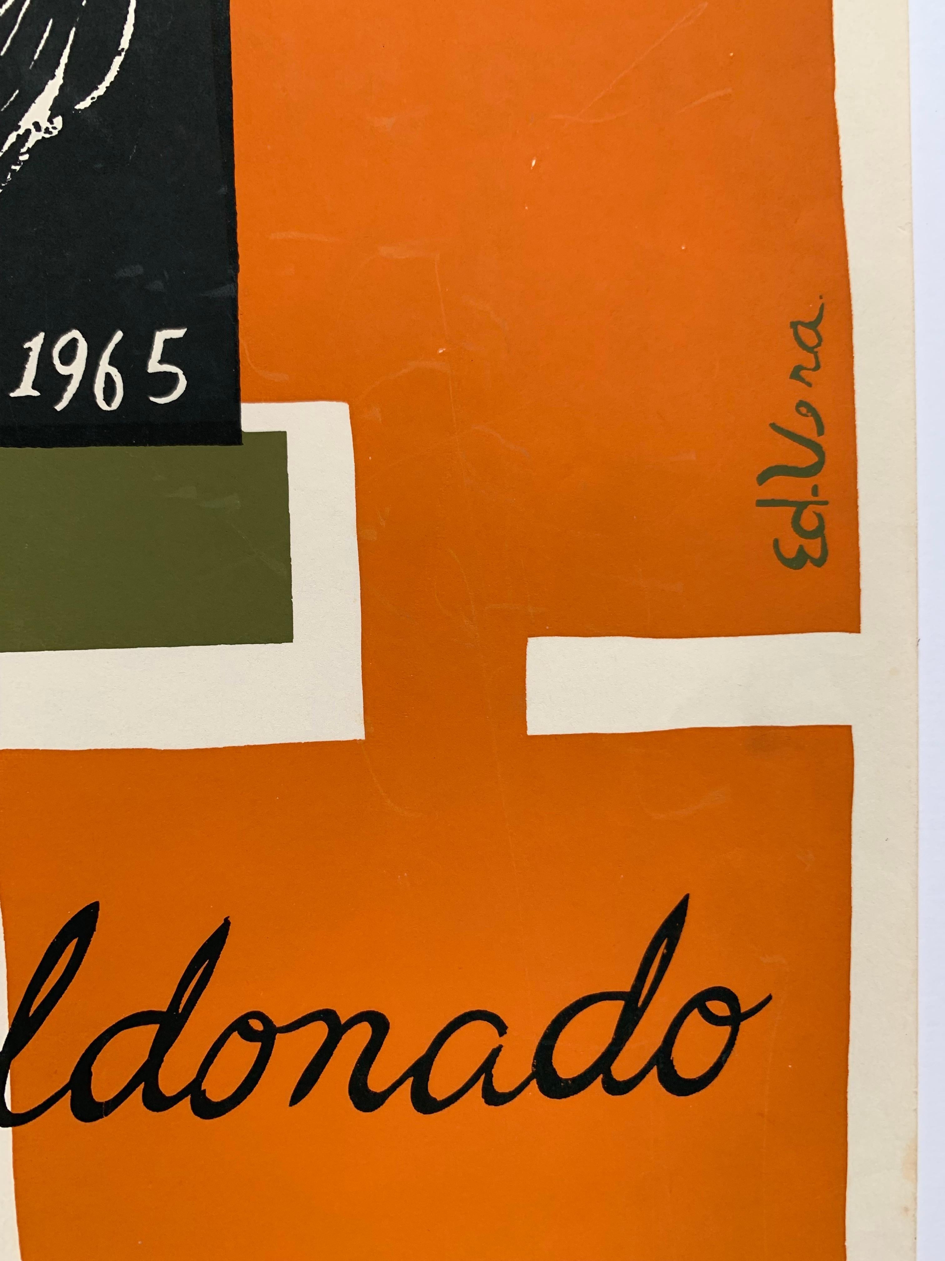 Rare exhibition poster by Puerto Rican artist Eduardo Vera Cortes (1926-2006). Exposicion de Pinturas de Antonio Maldonado, 1965. Screen print on paper, 17.5 x 25 inches. So wear and creasing in margins as depicted in detail photos. 

Graphic