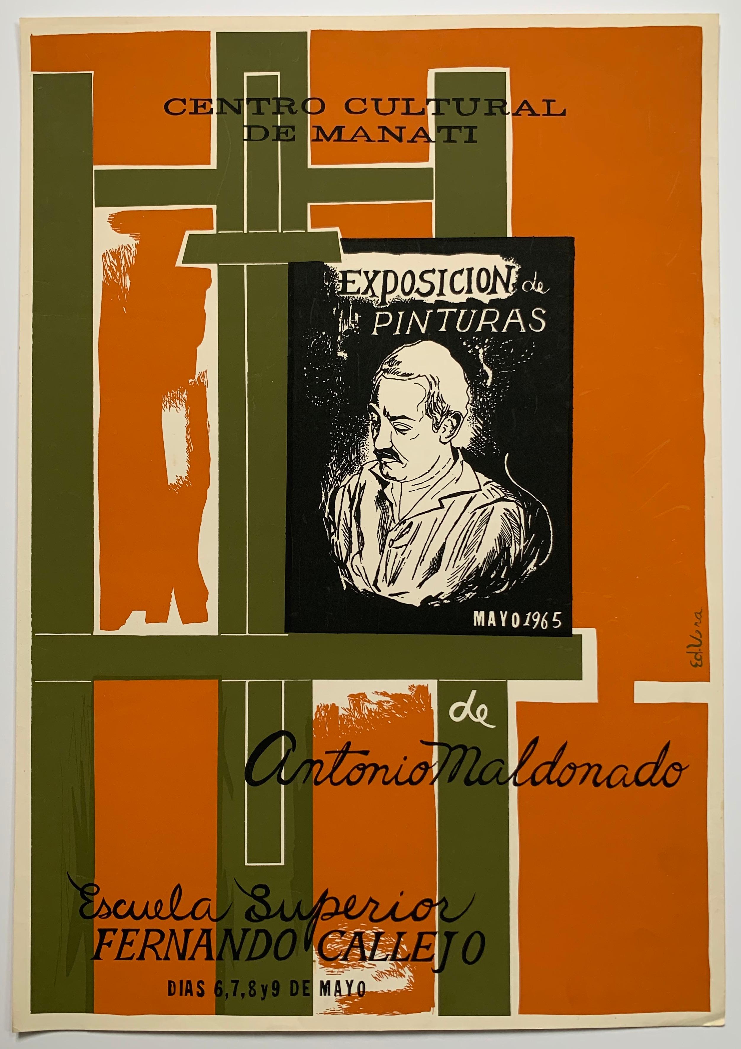 Rare affiche d'exposition de l'artiste portoricain Eduardo Vera Cortes (1926-2006). Exposicion de Pinturas de Antonio Maldonado, 1965. Sérigraphie sur papier, 17,5 x 25 pouces. Donc usure et froissement dans les marges comme indiqué sur les photos