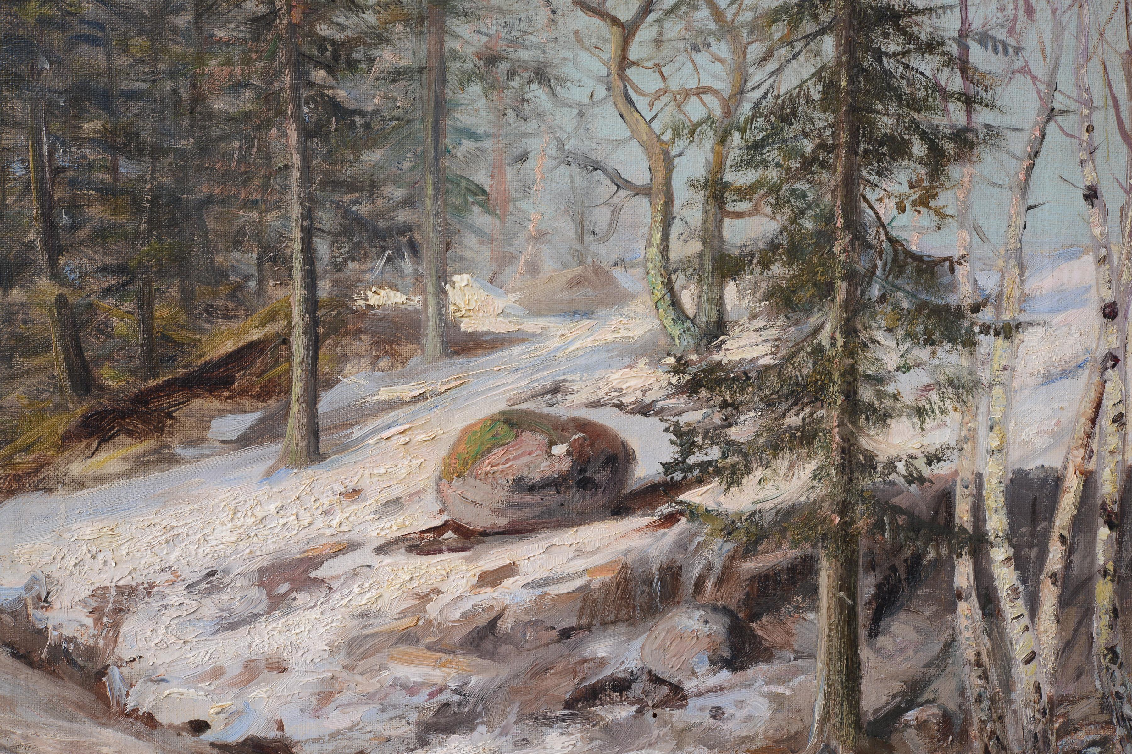 Spring Thaw Landscape Oil Painting 1901 Swedish Artist by Ankarcrona - Brown Landscape Painting by Edvard Alexander Ankarcrona