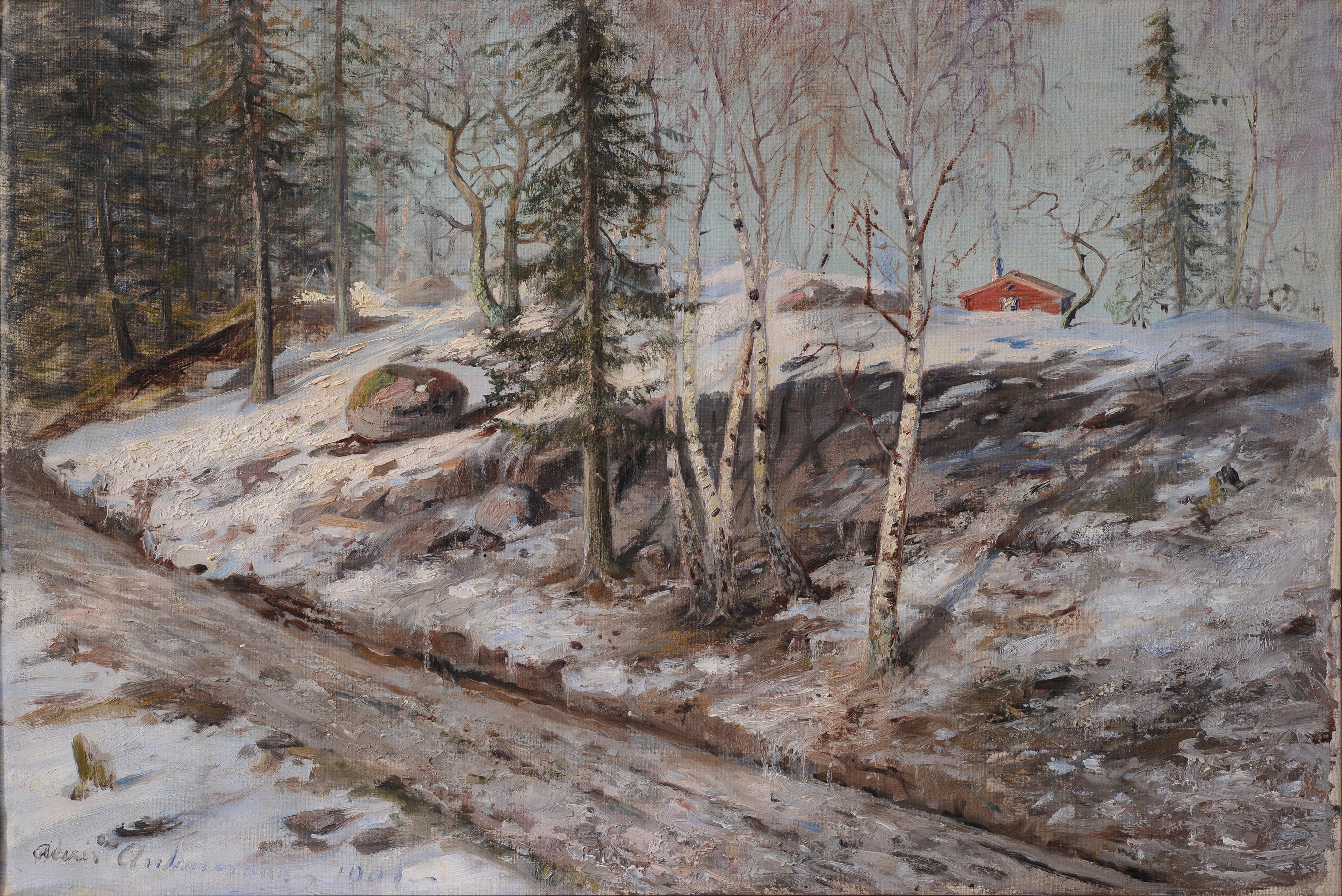 Landscape Painting Edvard Alexander Ankarcrona - Peinture à l'huile de l'artiste suédois Ankarcrona, paysage en forme de vapeur de printemps 1901