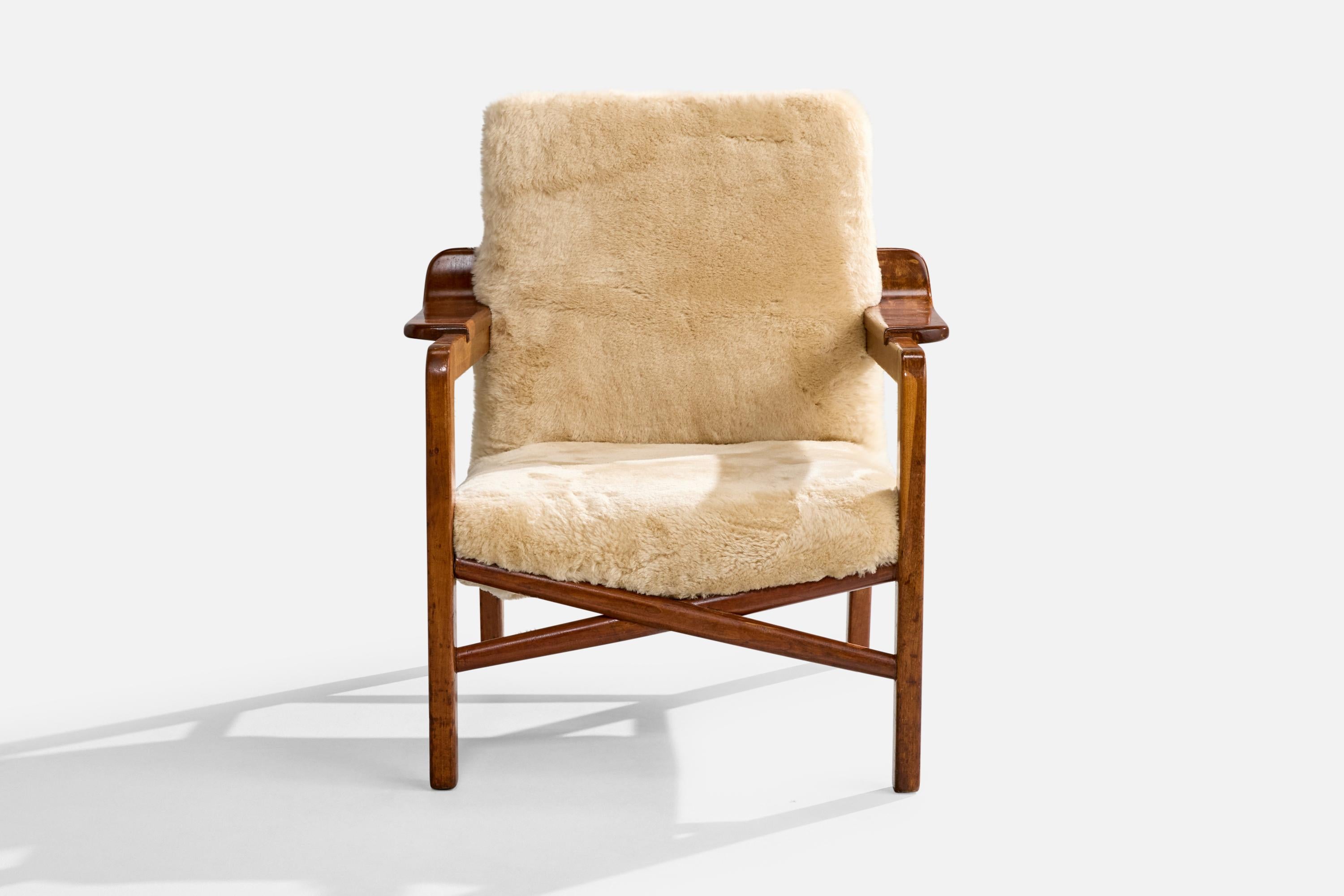 Danois Edvard & Tove Kindt-Larsen, chaise longue, teck, shearling, Danemark, années 1940 en vente