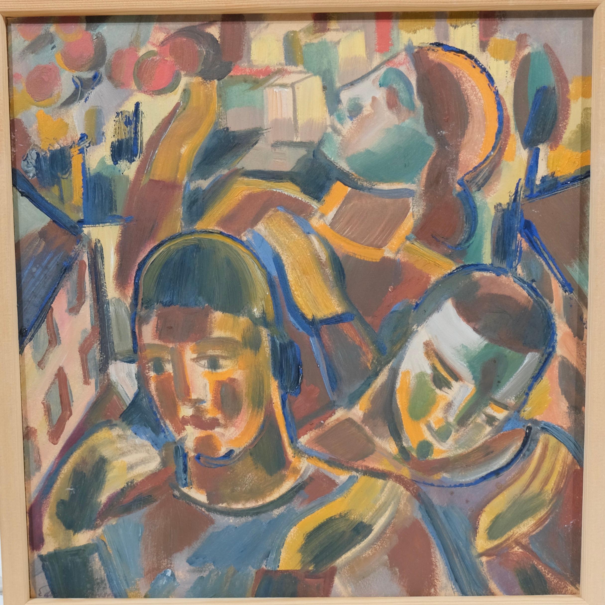 Dieses Gemälde des schwedischen Künstlers Edvard Andersson, das ungefähr auf das Jahr 1930 datiert wird, zeigt drei abstrahierte menschliche Figuren vor einem stilisierten städtischen Hintergrund. Die Figuren sind in leuchtenden, ausdrucksstarken