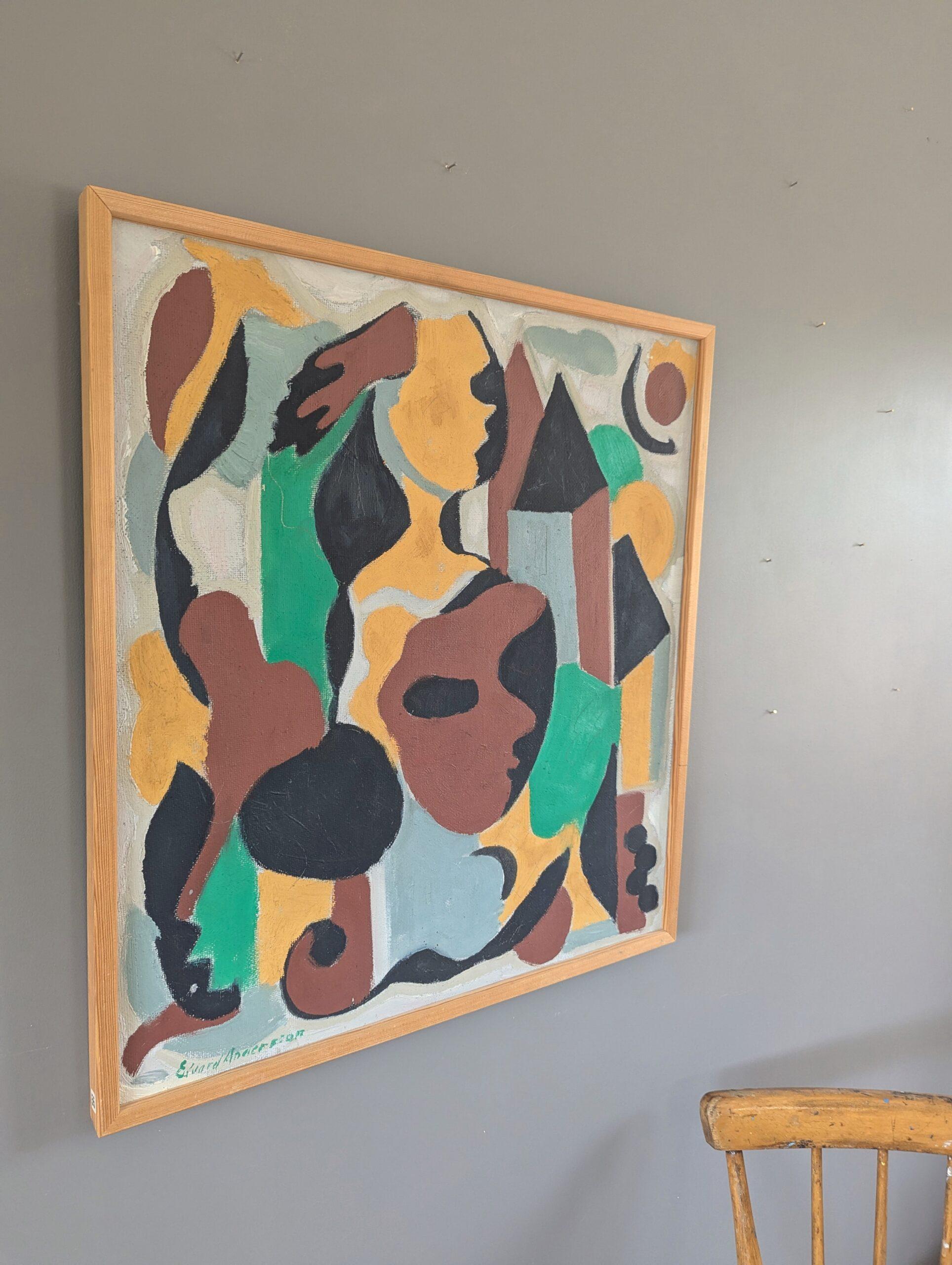 Vintage Mid-Century Modern Swedish Geometric Abstract Oil Painting  Masquerade - Brown Abstract Painting by Edvard Andersson