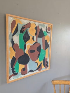 Peinture à l'huile abstraite géométrique suédoise moderne du milieu du siècle dernier Mascarade