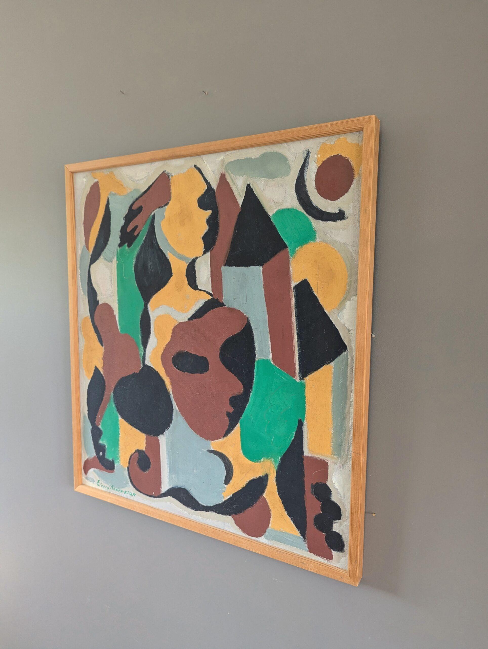 MASQUERADE
Size: 59 x 53.5 cm (including frame)
Oil on Board

A lively and captivating mid-century geometric abstract composition, executed in oil onto board by the established Swedish artist Edvard Andersson (1891-1967), who’s artworks have been