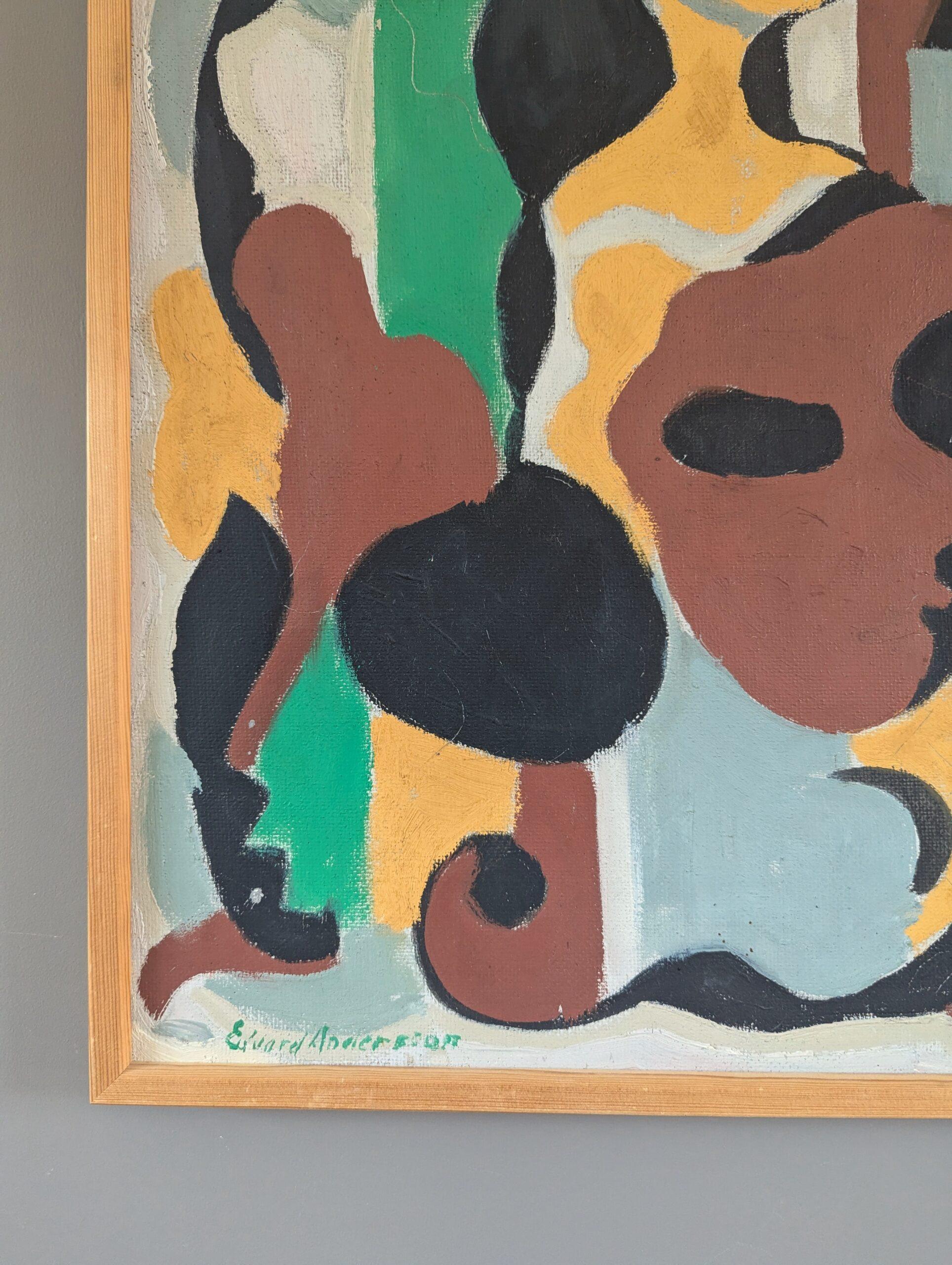 Vintage Mid-Century Modern Swedish Geometric Abstract Oil Painting  Masquerade For Sale 1