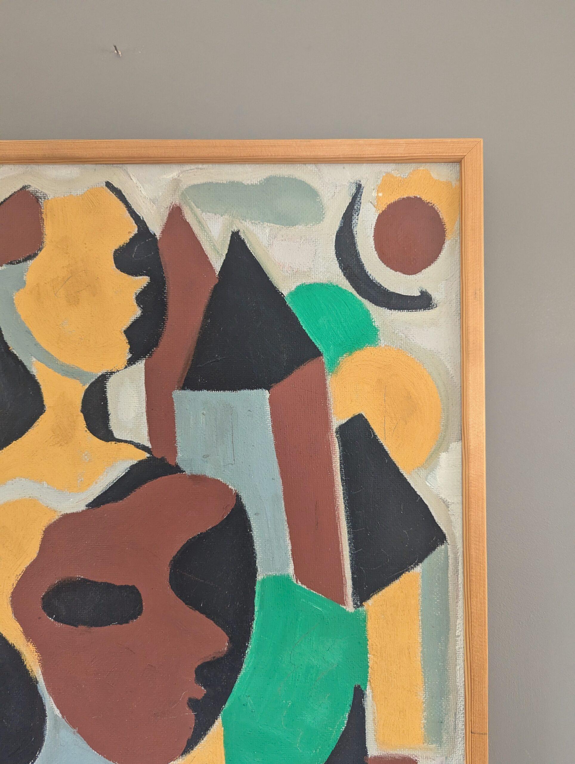 Vintage Mid-Century Modern Swedish Geometric Abstract Oil Painting  Masquerade For Sale 2