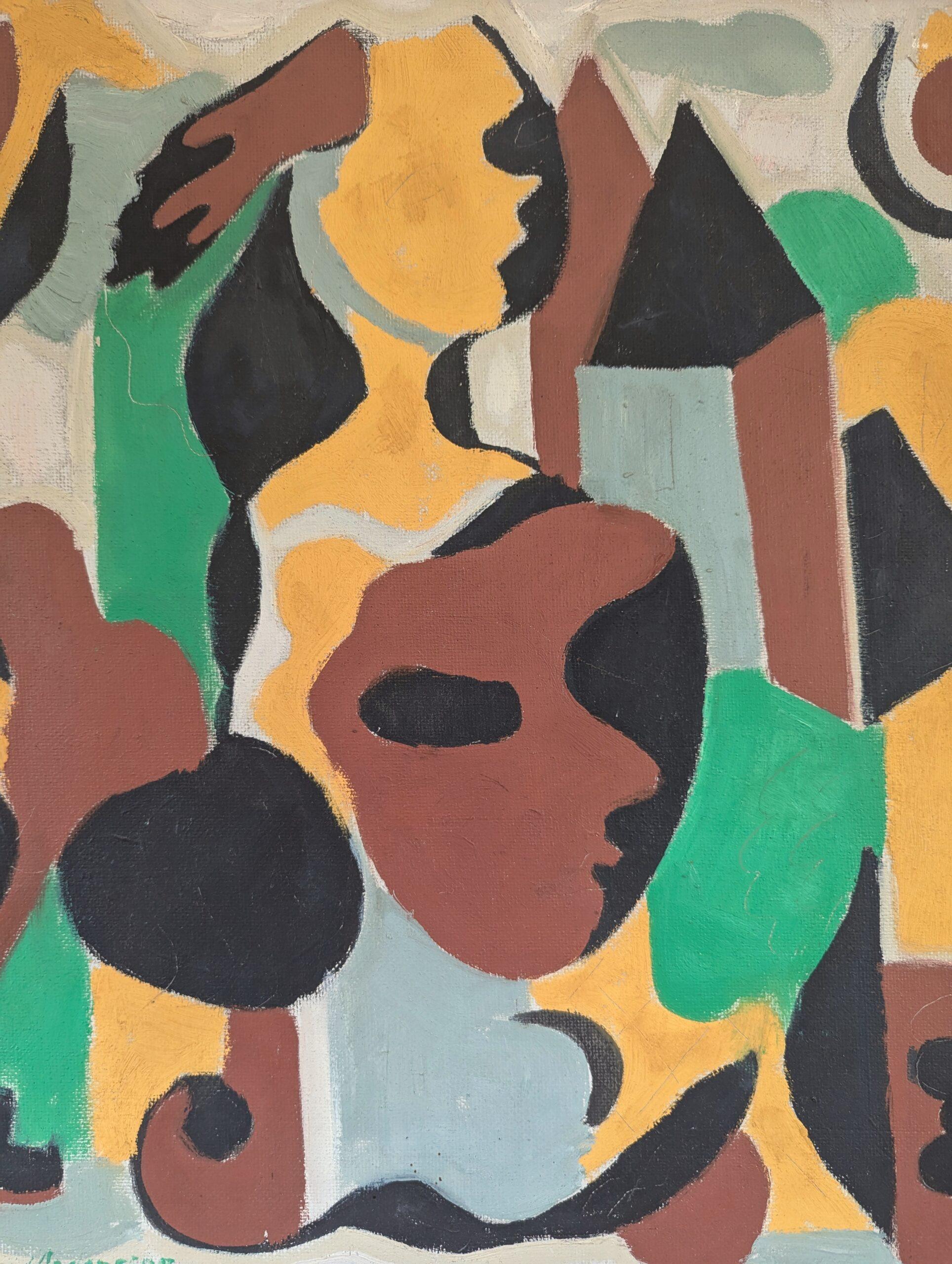Vintage Mid-Century Modern Swedish Geometric Abstract Oil Painting  Masquerade For Sale 3