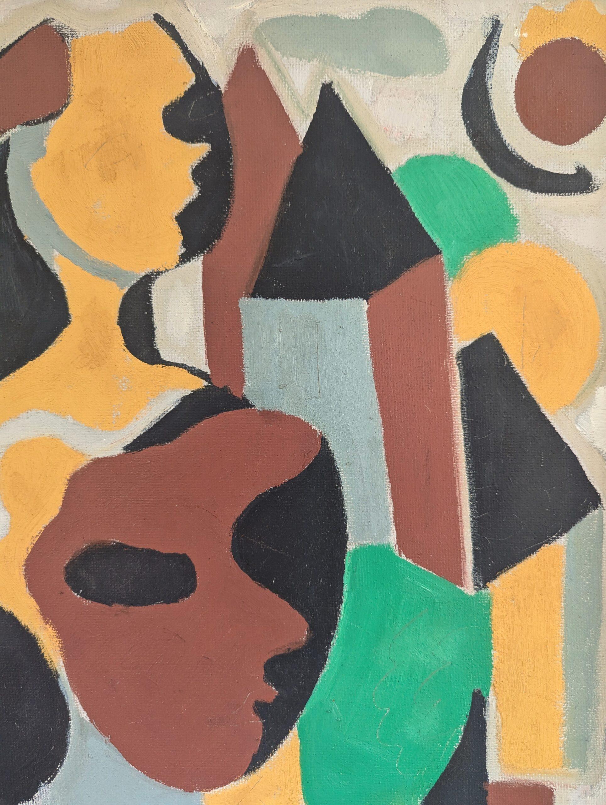 Vintage Mid-Century Modern Swedish Geometric Abstract Oil Painting  Masquerade For Sale 4