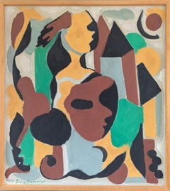 Vintage Mid-Century Modern Swedish Geometric Abstract Oil Painting  Masquerade