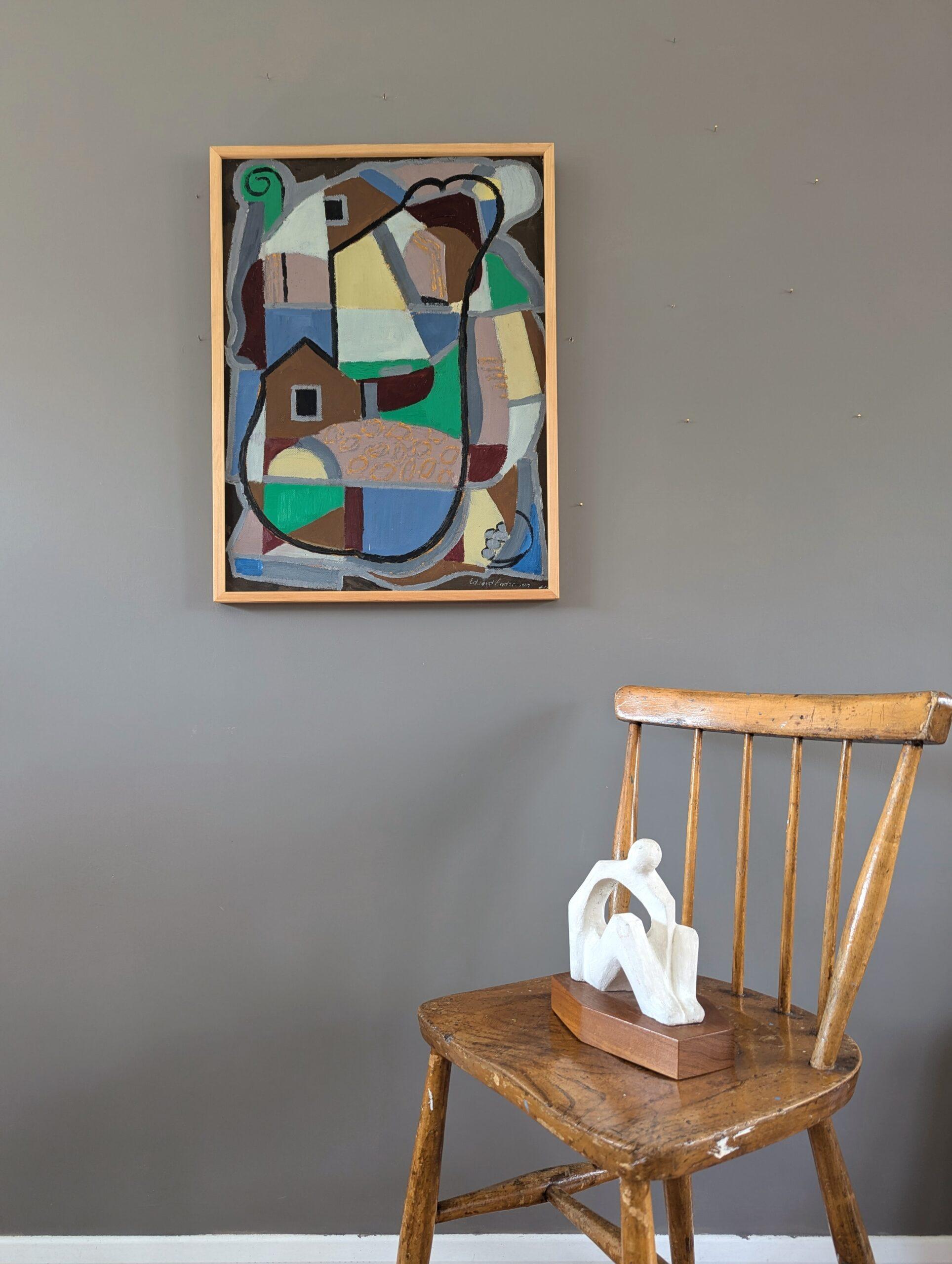 Schwedisches geometrisches abstraktes Vintage-Ölgemälde in Form von Häusern, Mid-Century, Vintage – Painting von Edvard Andersson